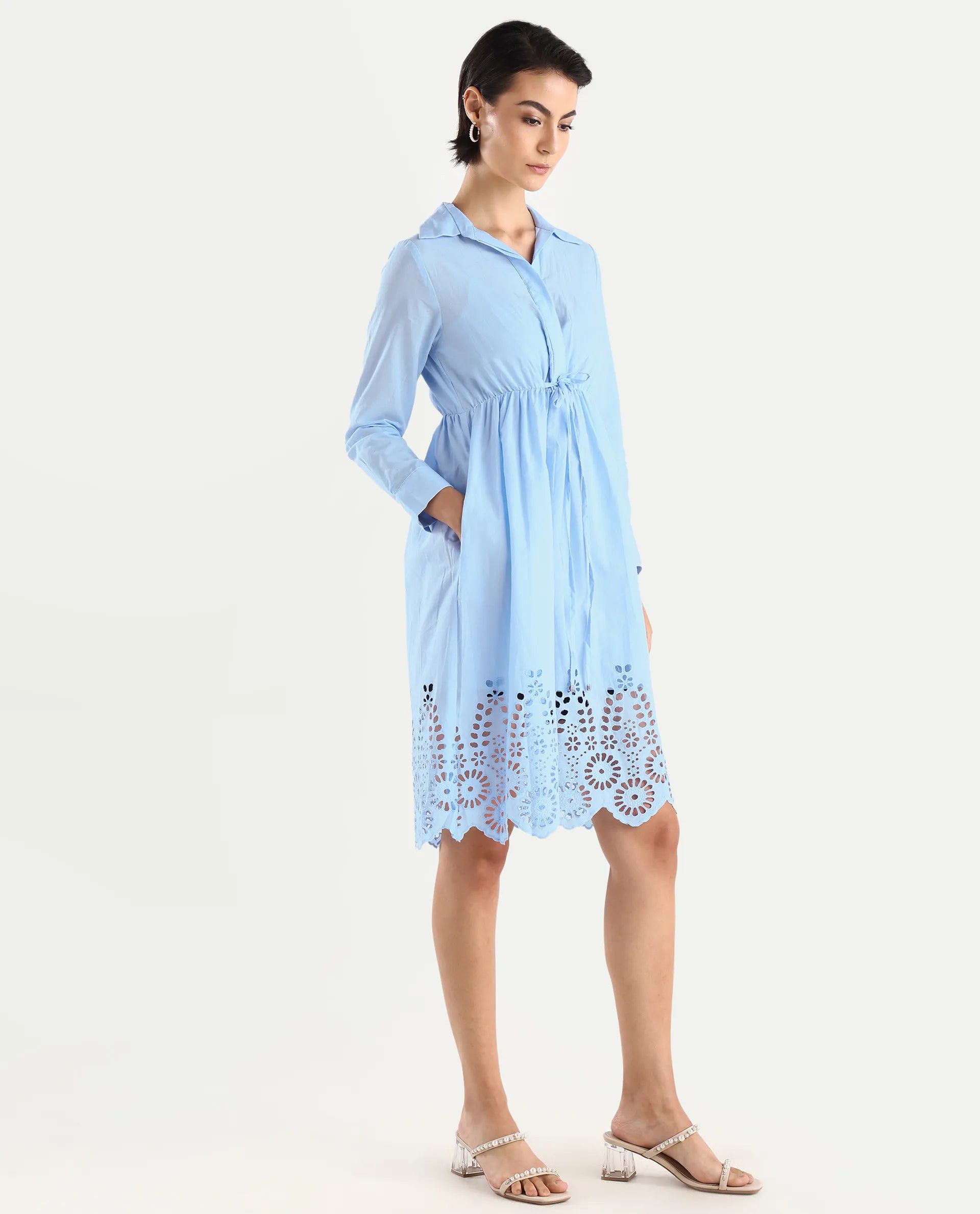 Rareism Women's Bandalina Blue Cotton Drop Collar Plain Cuffed Sleeve Midi Fit And Flare Dress