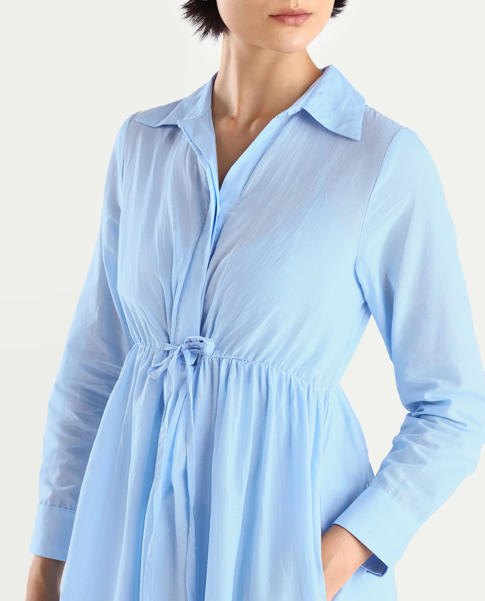 Rareism Women's Bandalina Blue Cotton Drop Collar Plain Cuffed Sleeve Midi Fit And Flare Dress