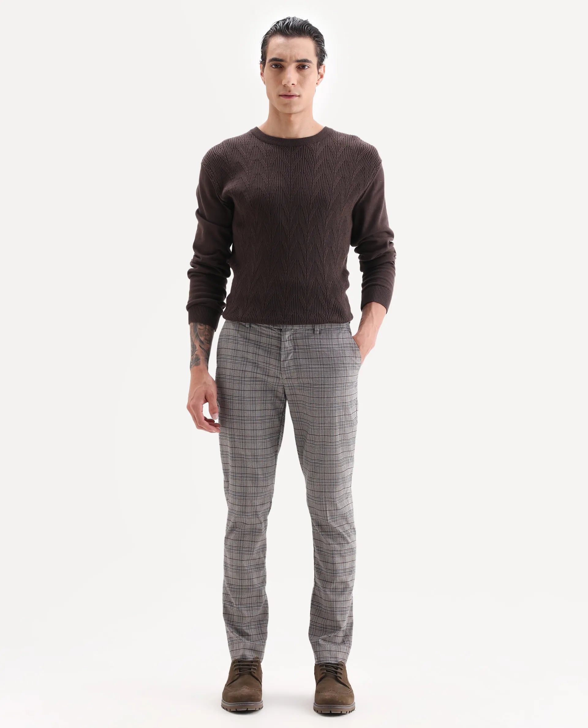 Rare Rabbit Men's Bandon Grey Cotton Blend Checked Print Regular Fit Trouser