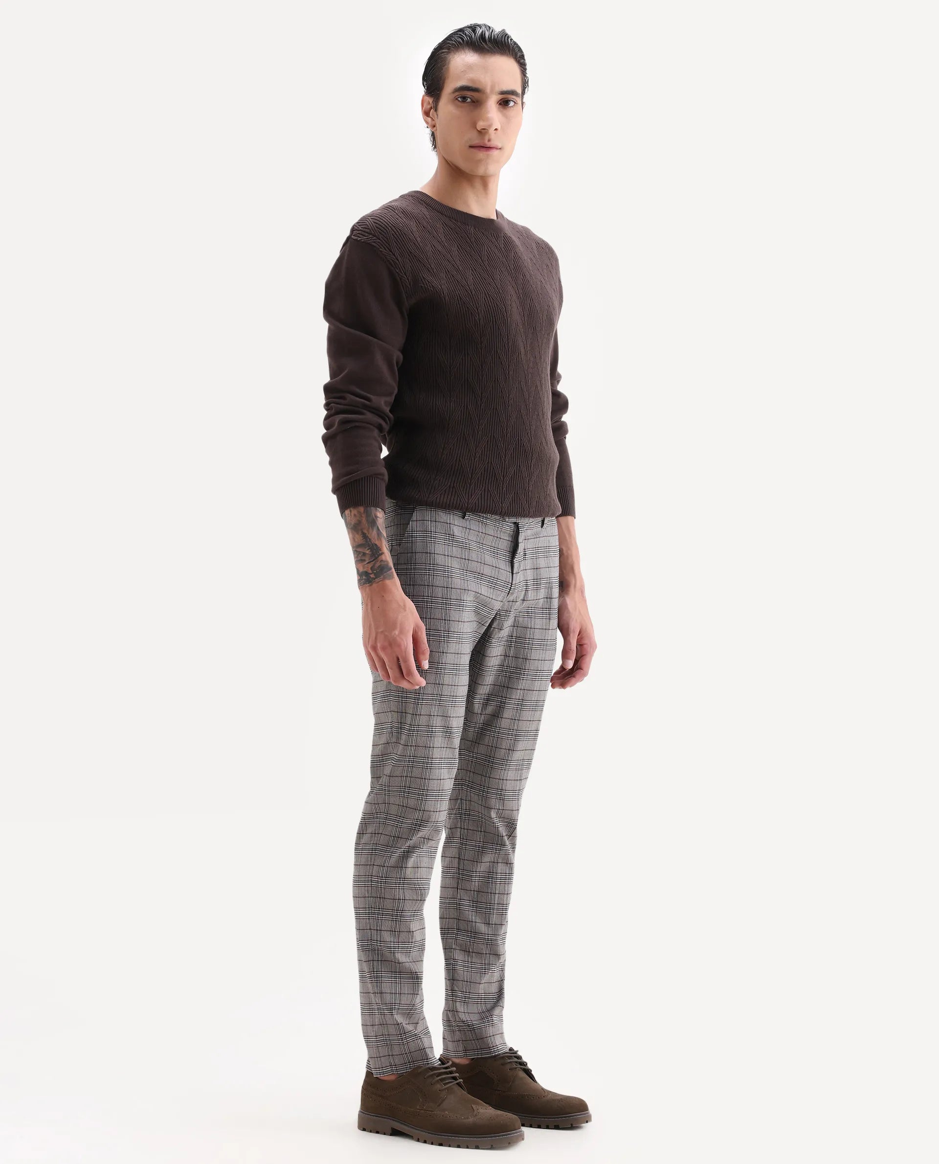 Rare Rabbit Men's Bandon Grey Cotton Blend Checked Print Regular Fit Trouser