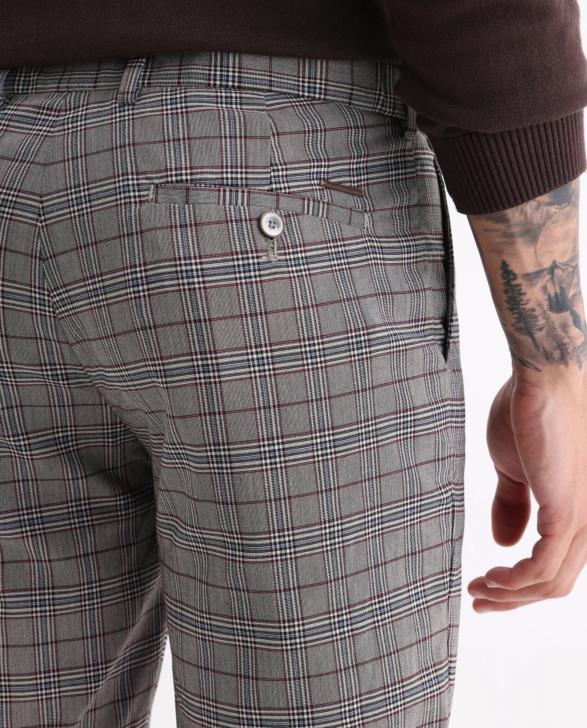 Rare Rabbit Men's Bandon Grey Cotton Blend Checked Print Regular Fit Trouser