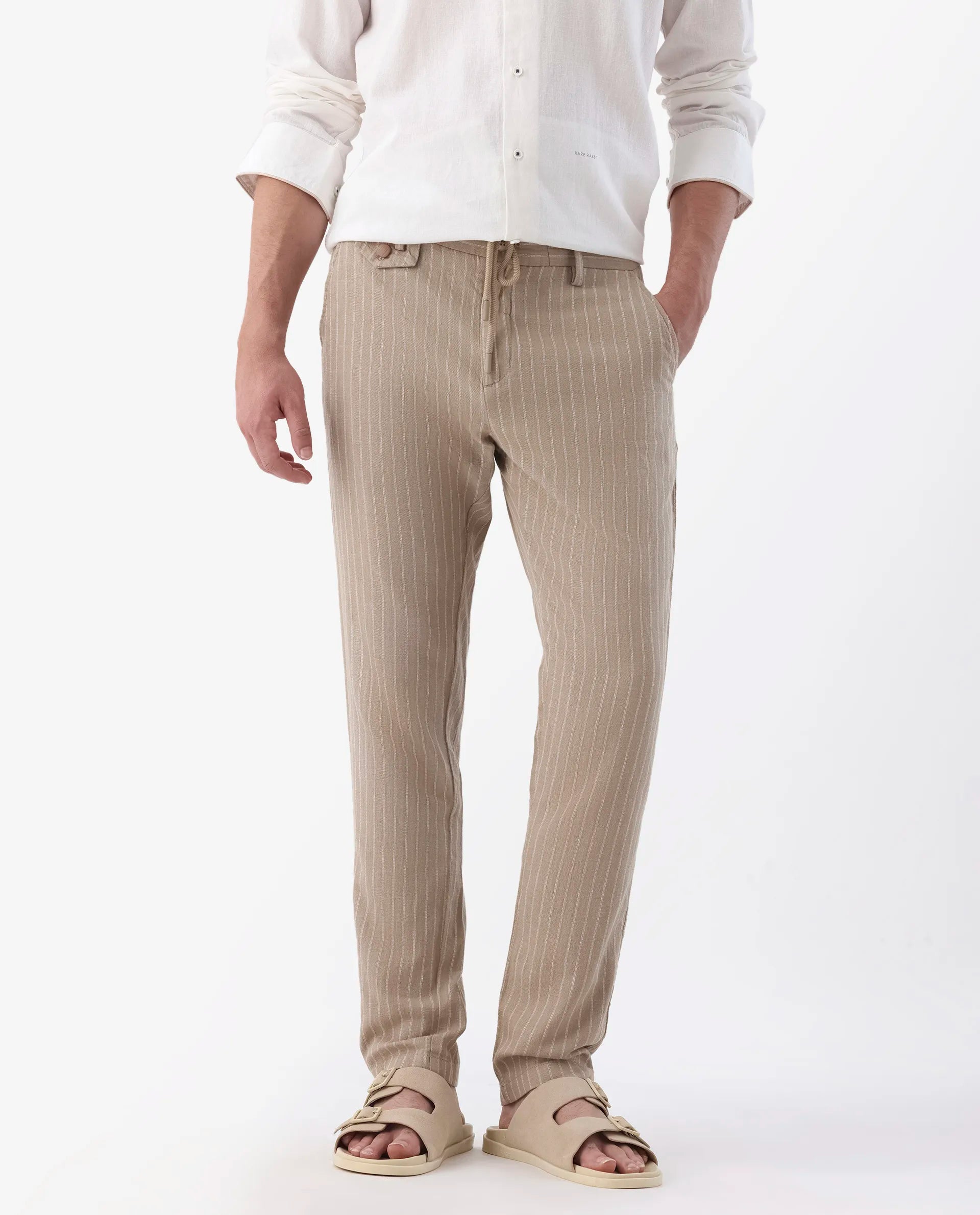 Rare Rabbit Men's Banet- Beige Linen Blend Plain Regular Fit Trouser