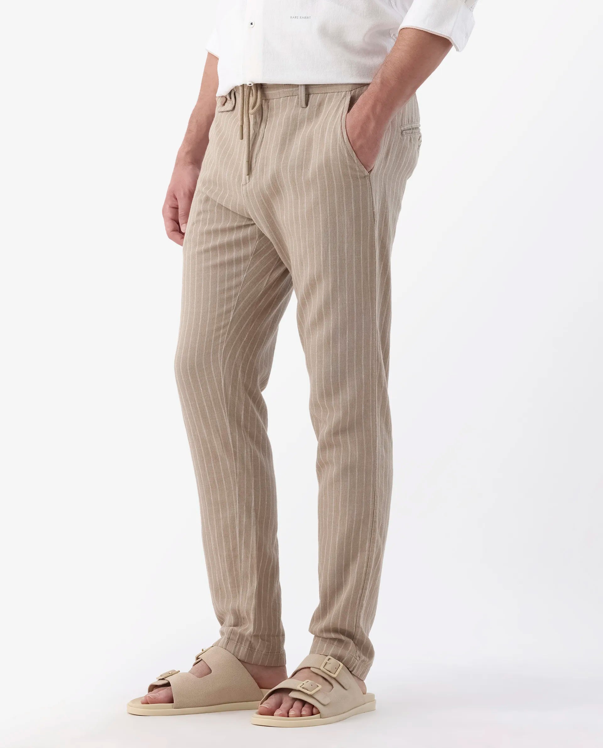 Rare Rabbit Men's Banet- Beige Linen Blend Plain Regular Fit Trouser