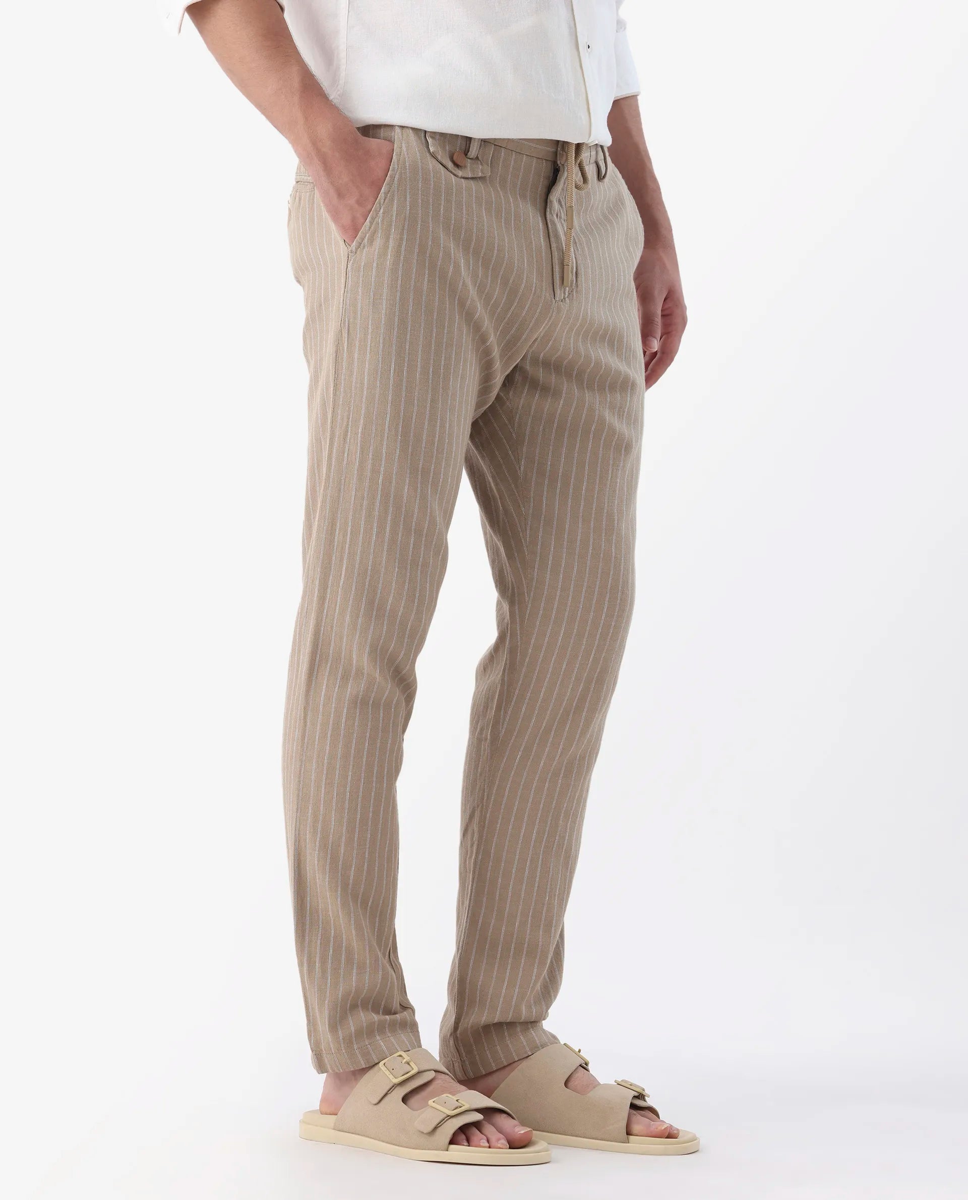 Rare Rabbit Men's Banet- Beige Linen Blend Plain Regular Fit Trouser