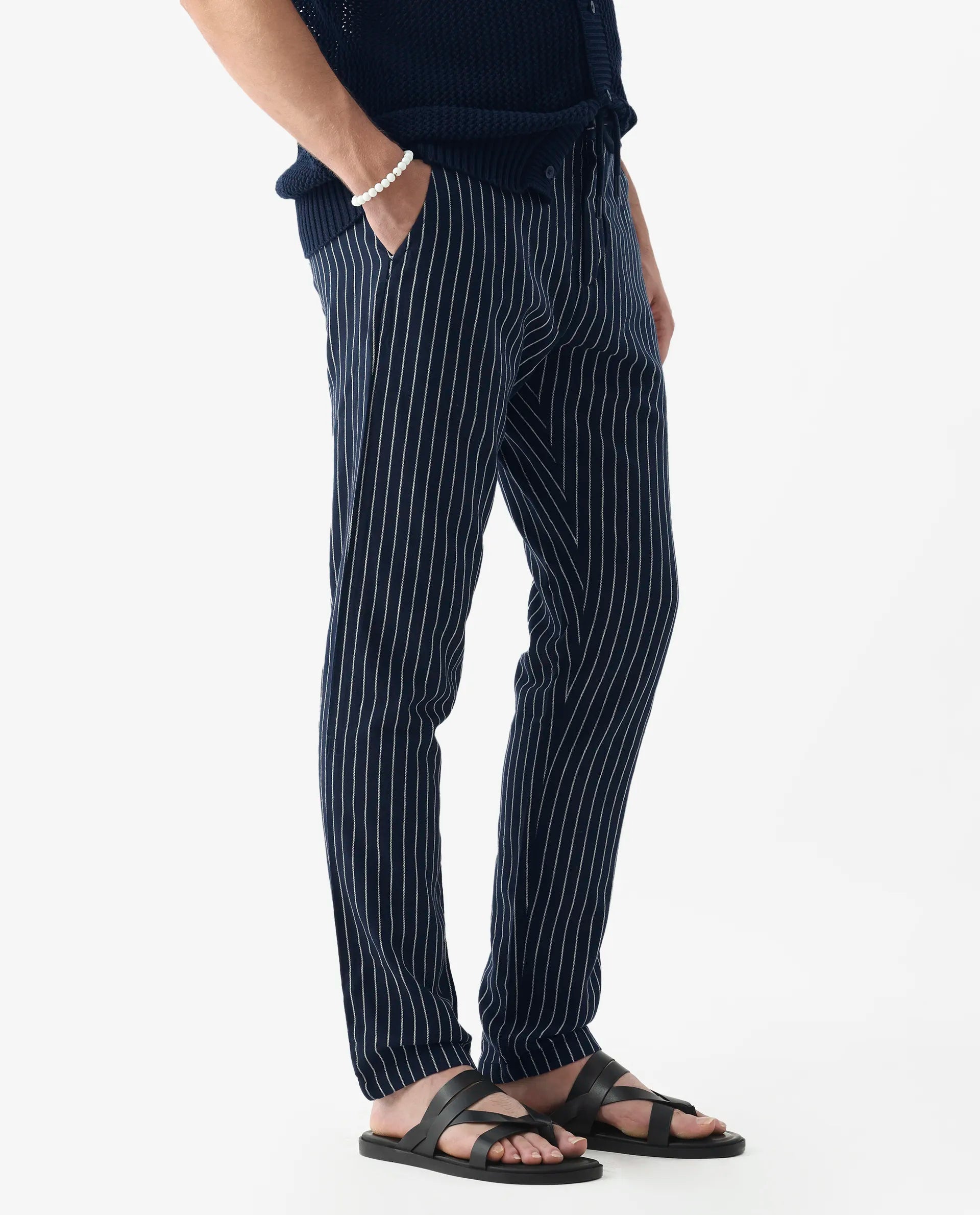 Rare Rabbit Men's Banet- Navy Linen Blend Striped Print Slim Fit Trouser