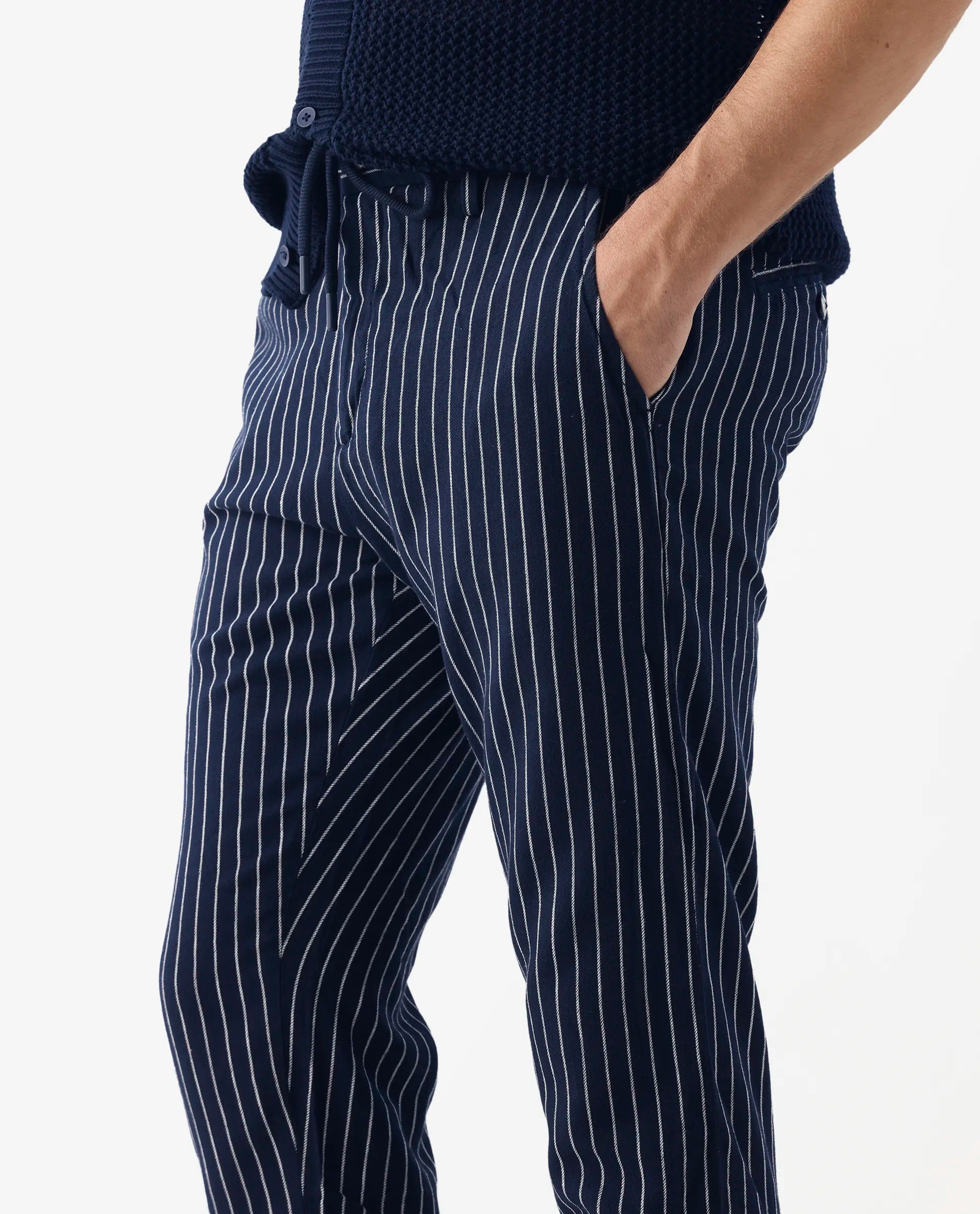 Rare Rabbit Men's Banet- Navy Linen Blend Striped Print Slim Fit Trouser