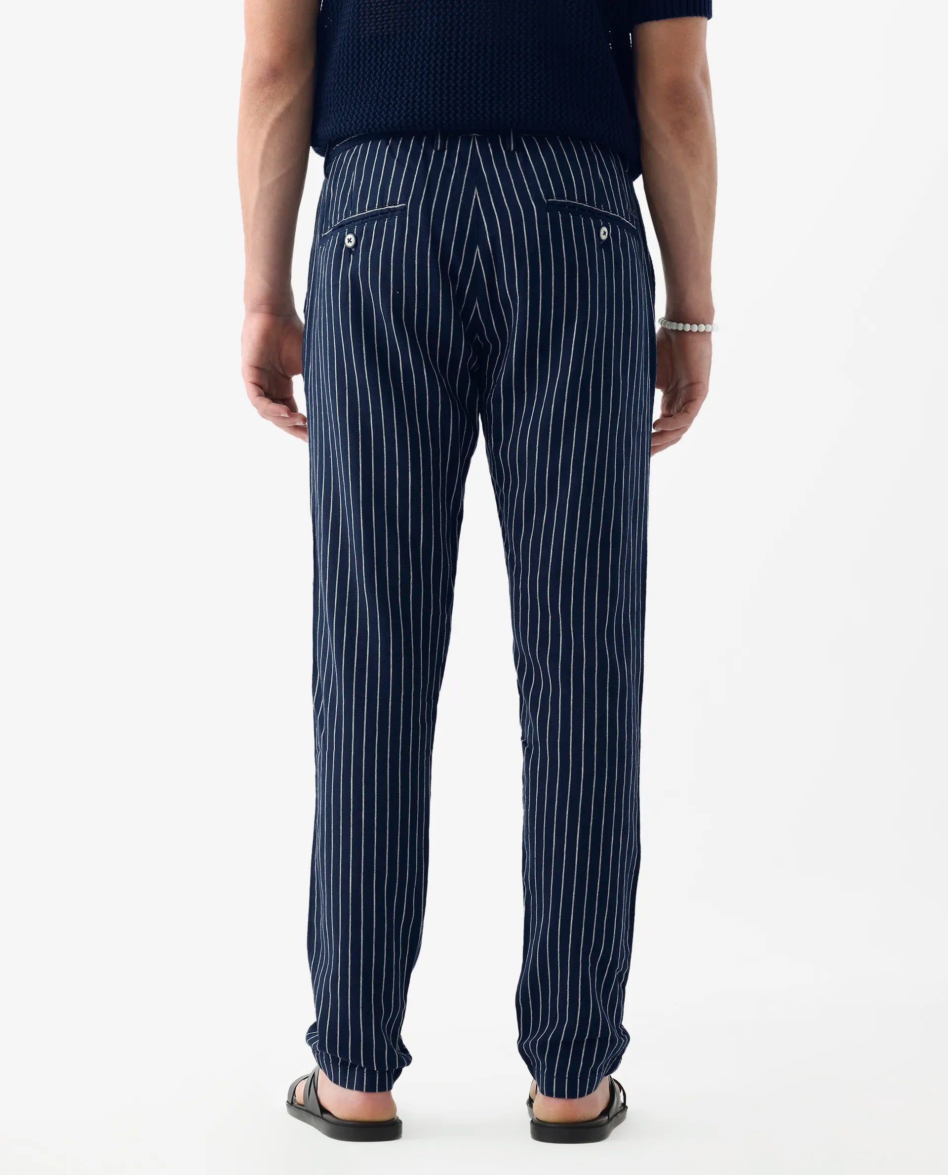 Rare Rabbit Men's Banet- Navy Linen Blend Striped Print Slim Fit Trouser