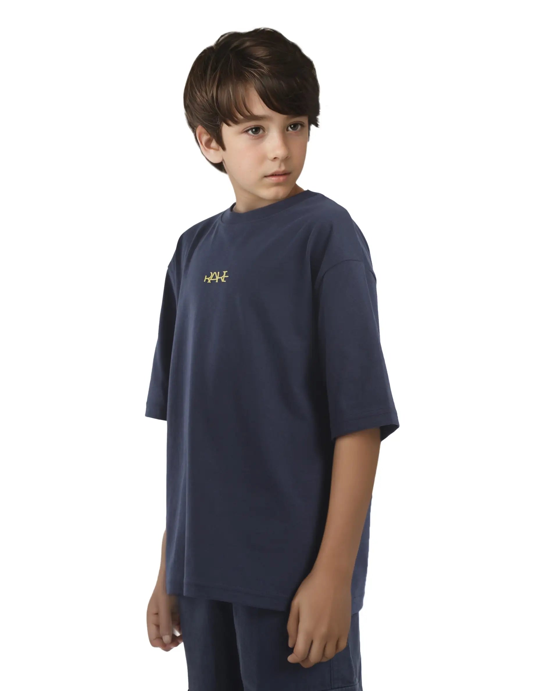 Rare Ones Kids Bany Navy Cotton Half Sleeves Crew Neck Oversized Fit Graphic Back Print T-Shirt