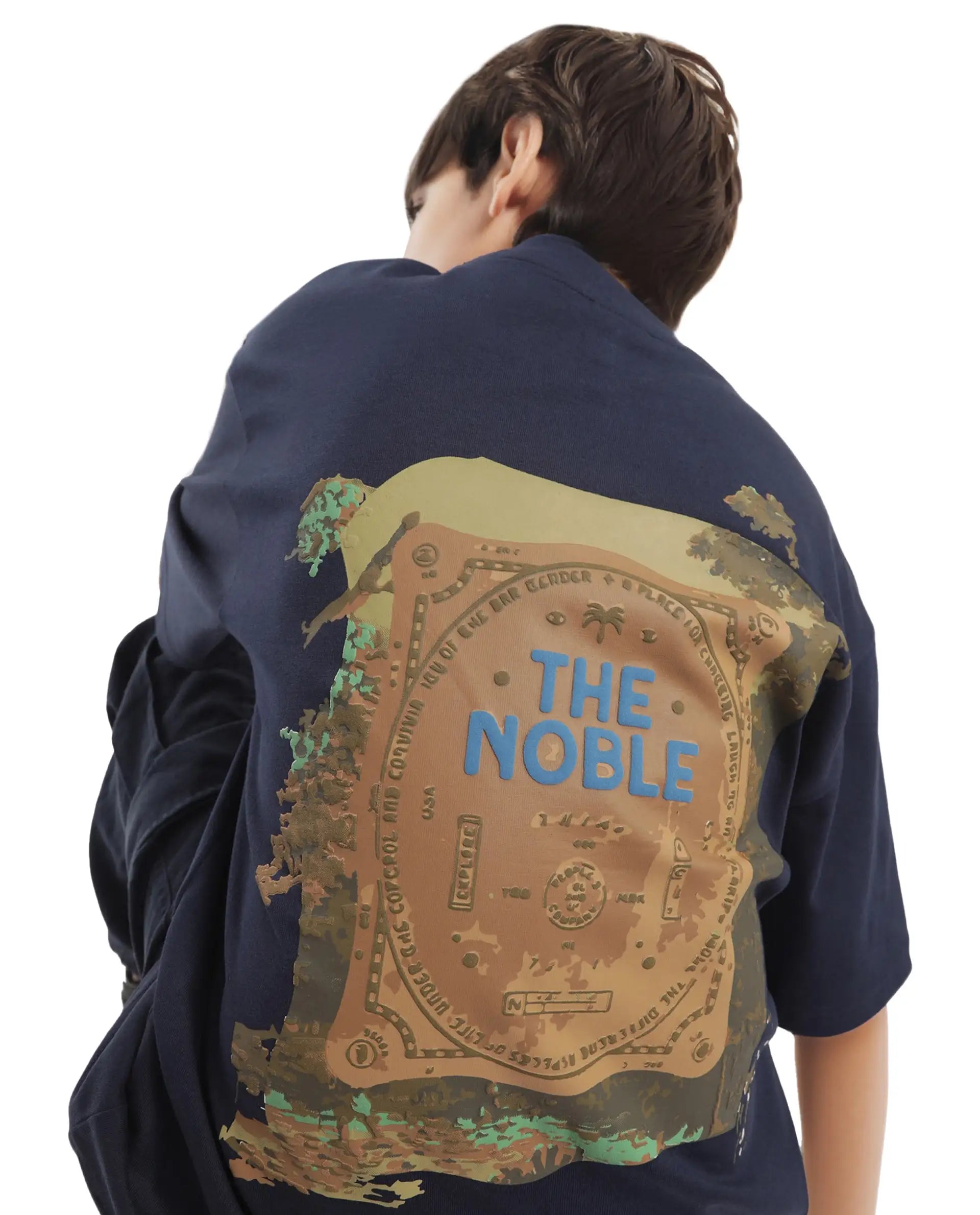 Rare Ones Kids Bany Navy Cotton Half Sleeves Crew Neck Oversized Fit Graphic Back Print T-Shirt