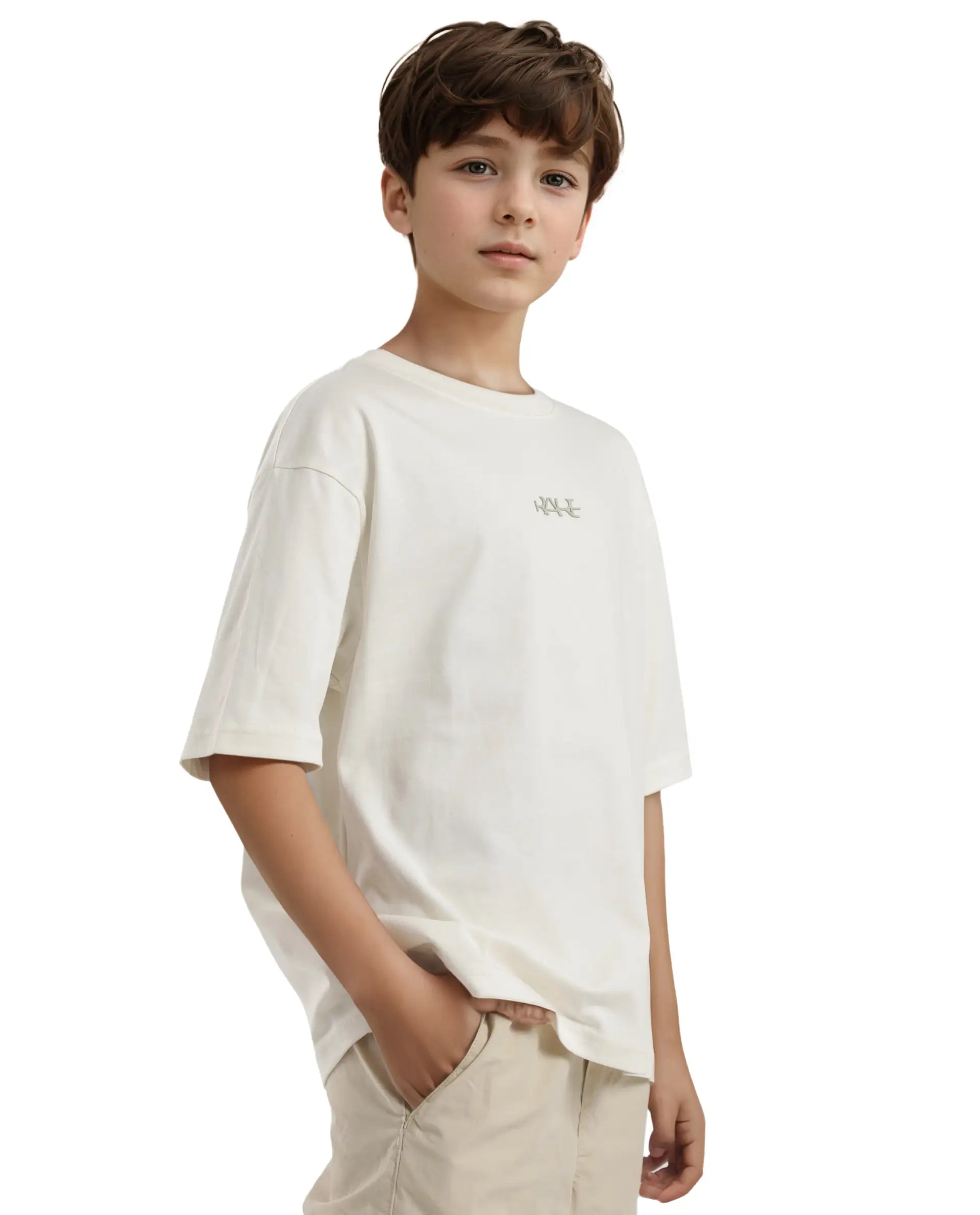 Rare Ones Kids Bany Off White Cotton Half Sleeves Crew Neck Oversized Fit Graphic Back Print T-Shirt