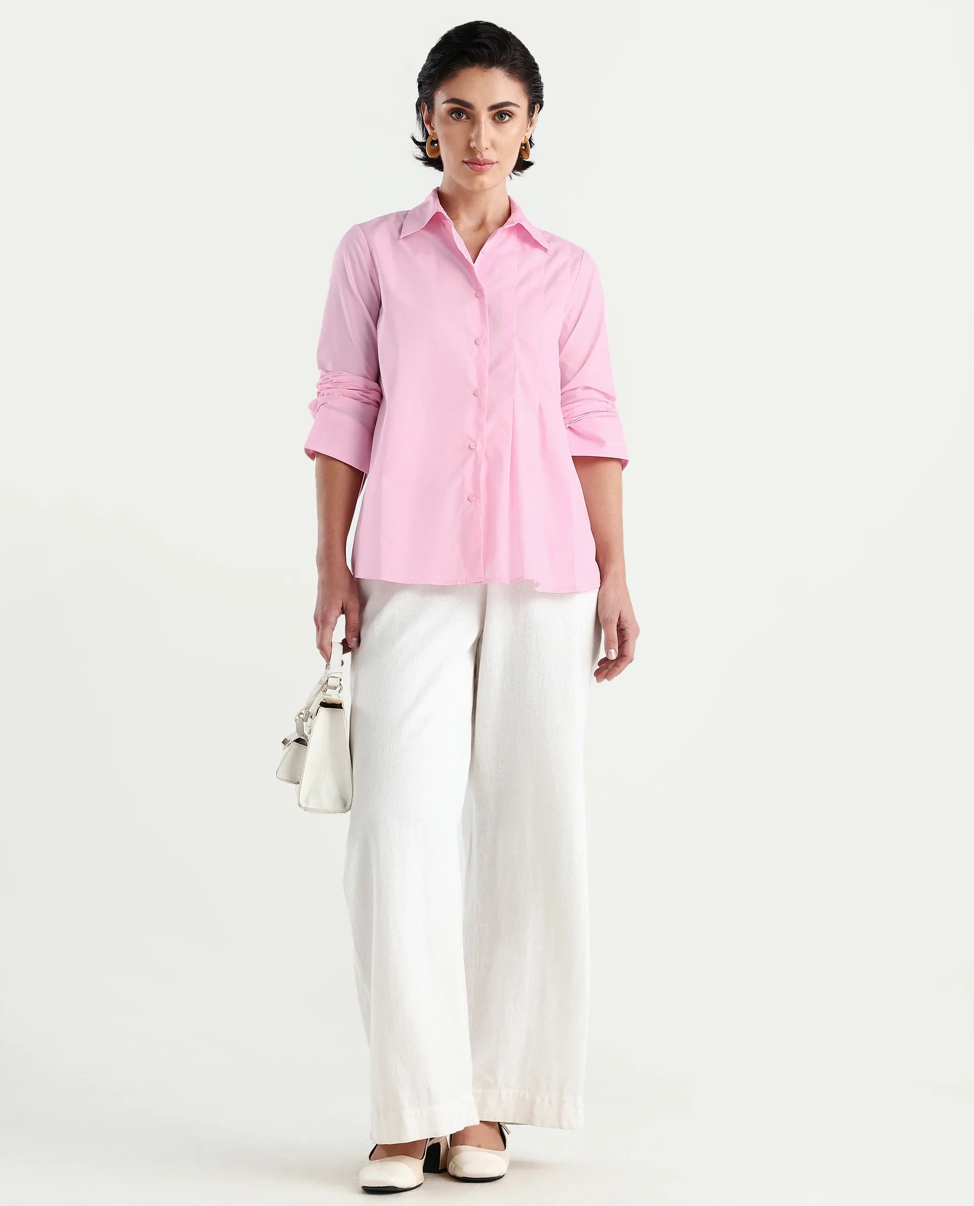 Rareism Women's Baroc Pink Cotton Collared Neck Regular Fit Shirt