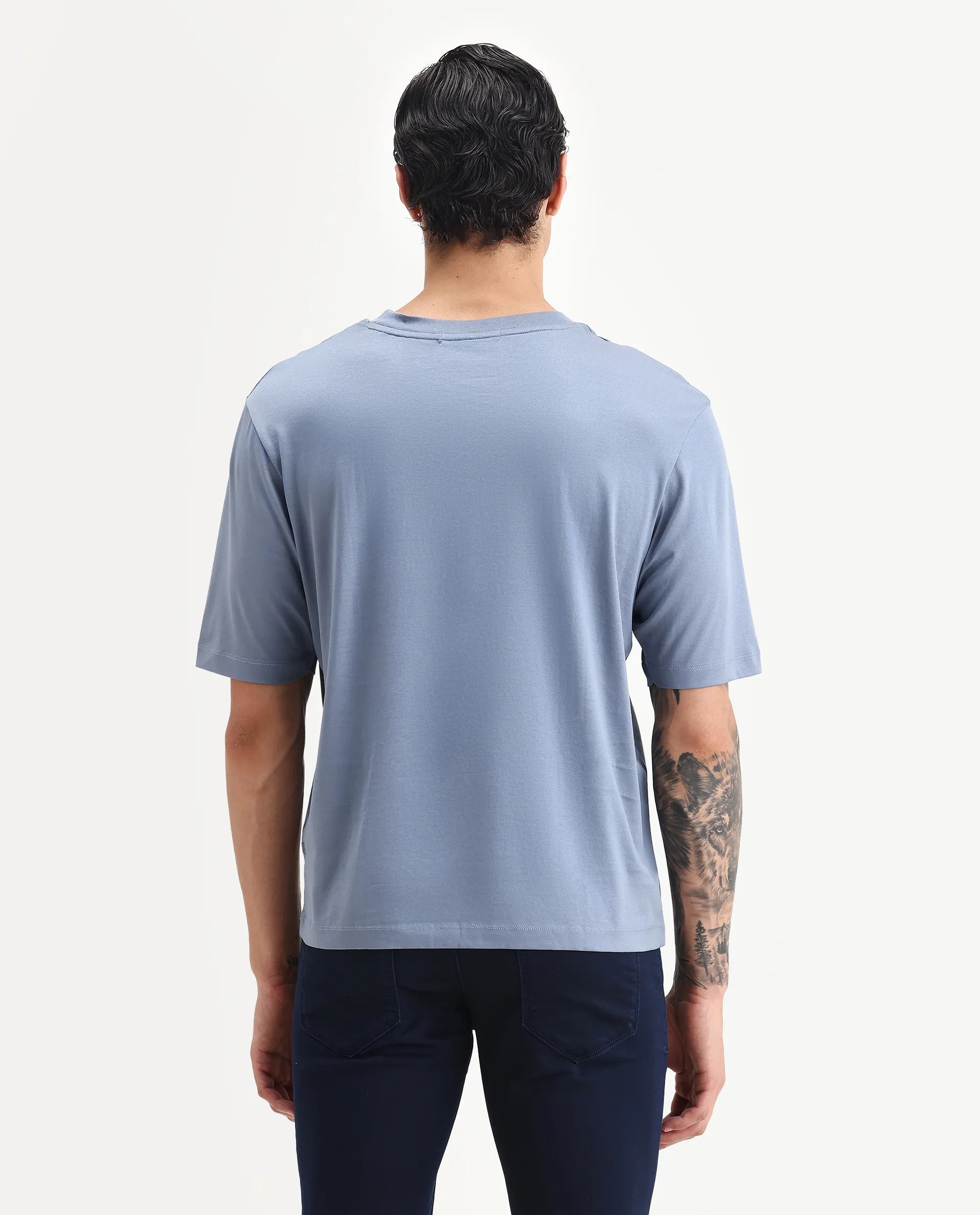 Rare Rabbit Men's Guild Casual Barcelon Dusky Blue Cotton Plain Oversized Fit Half Sleeve Crew Neck T-Shirt