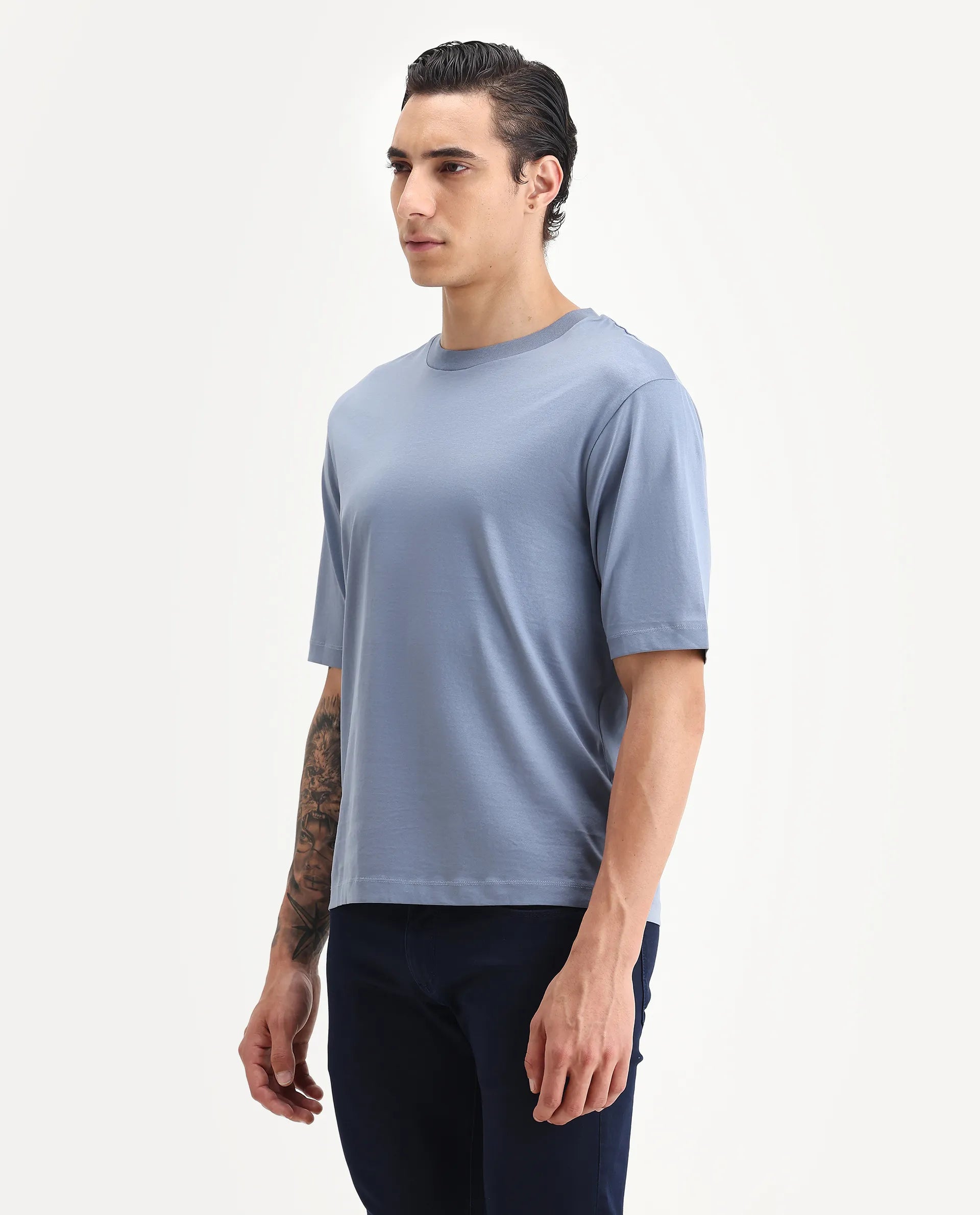 Rare Rabbit Men's Guild Casual Barcelon Dusky Blue Cotton Plain Oversized Fit Half Sleeve Crew Neck T-Shirt