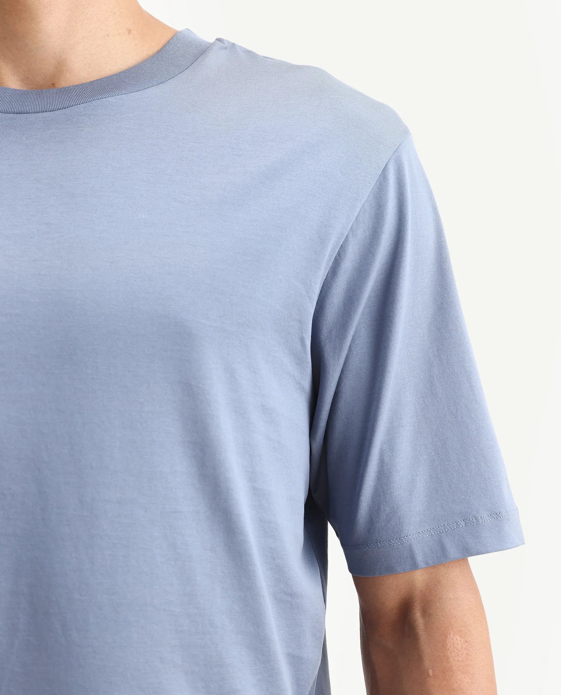 Rare Rabbit Men's Guild Casual Barcelon Dusky Blue Cotton Plain Oversized Fit Half Sleeve Crew Neck T-Shirt