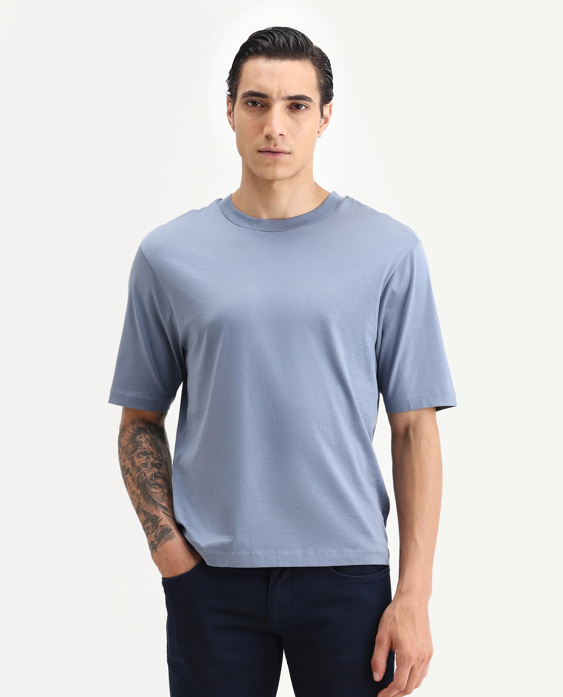 Rare Rabbit Men's Guild Casual Barcelon Dusky Blue Cotton Plain Oversized Fit Half Sleeve Crew Neck T-Shirt