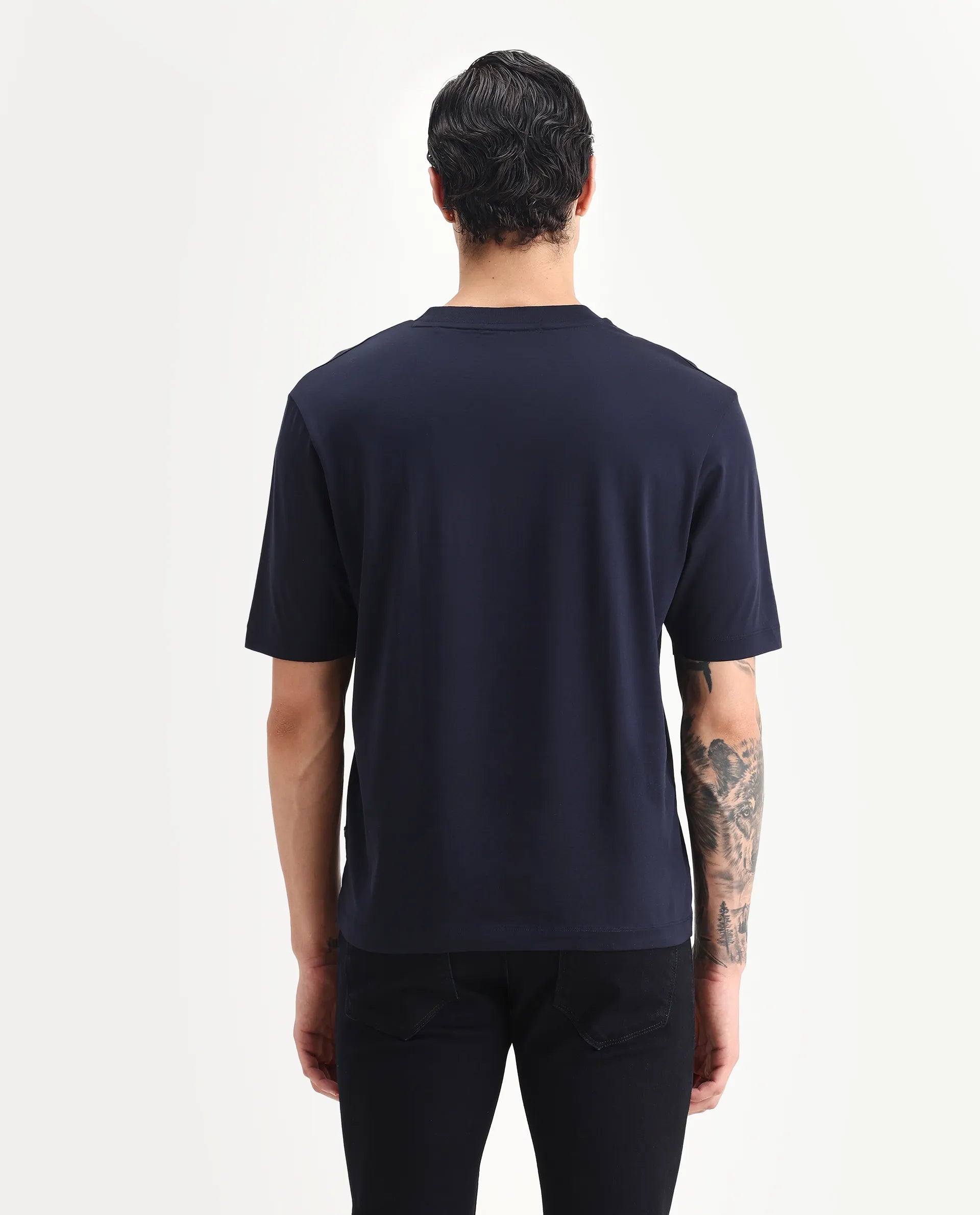 Rare Rabbit Men's Barcelon Navy Cotton Plain Oversized Fit Half Sleeve Crew Neck T-Shirt