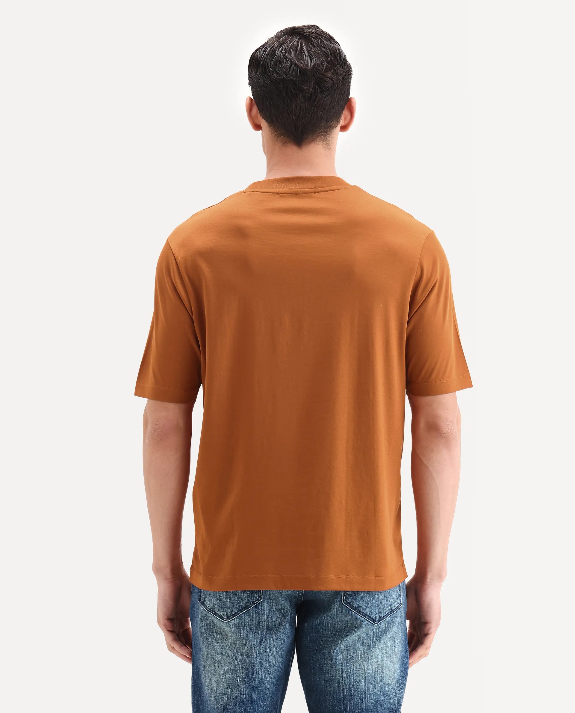 Rare Rabbit Men's Barcelon Rust Cotton Plain Oversized Fit Half Sleeve Crew Neck T-Shirt
