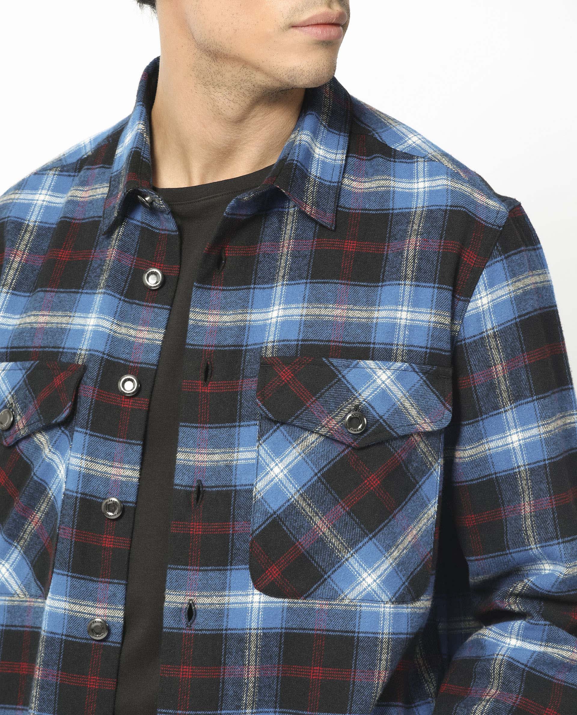 Rare Rabbit Men's Bardot Dark Blue Cotton Fabric Full Sleeves Button Closure Checks Shacket