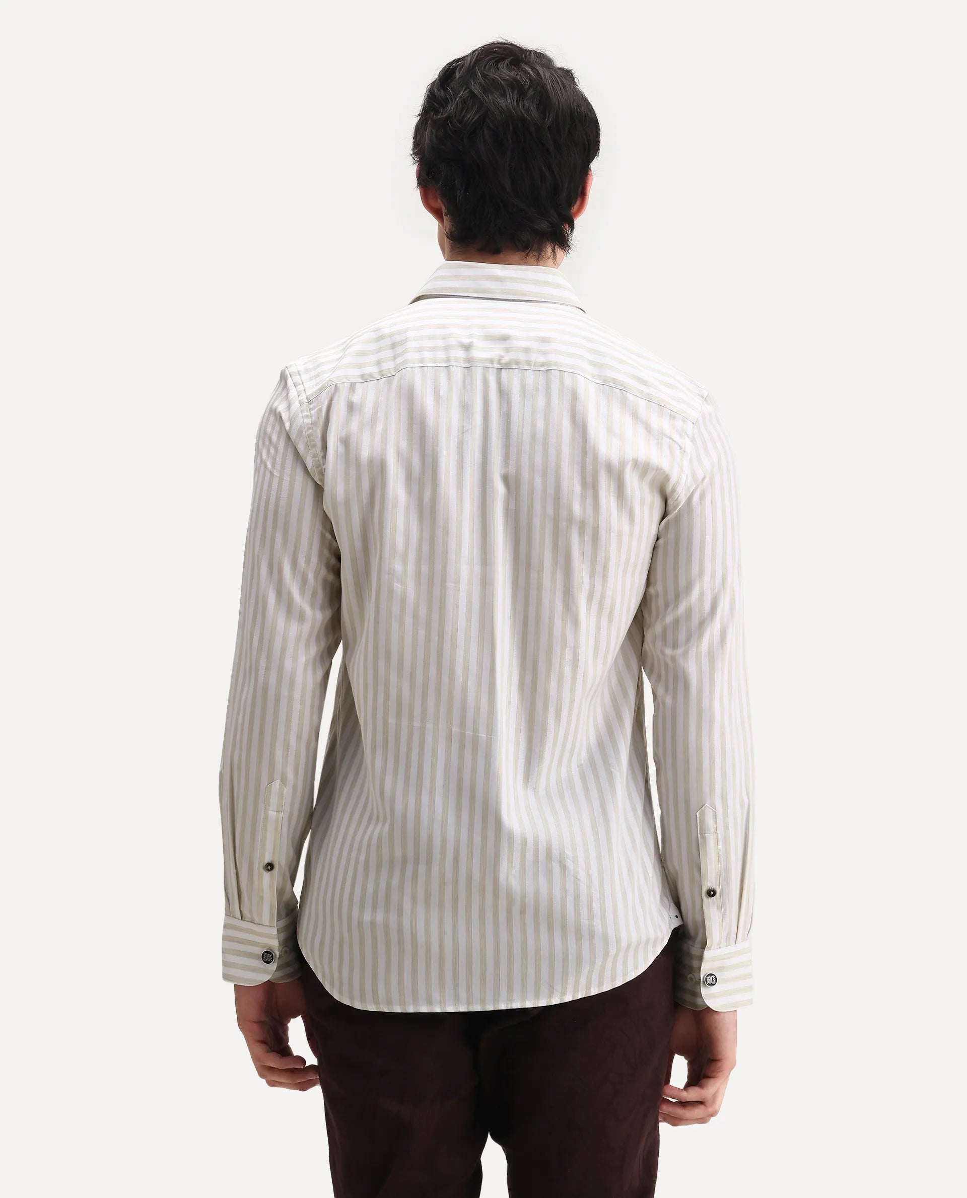 Rare Rabbit Men's Bari Beige Cotton Blend Striped Print Regular Fit Full Sleeve Collared Shirt