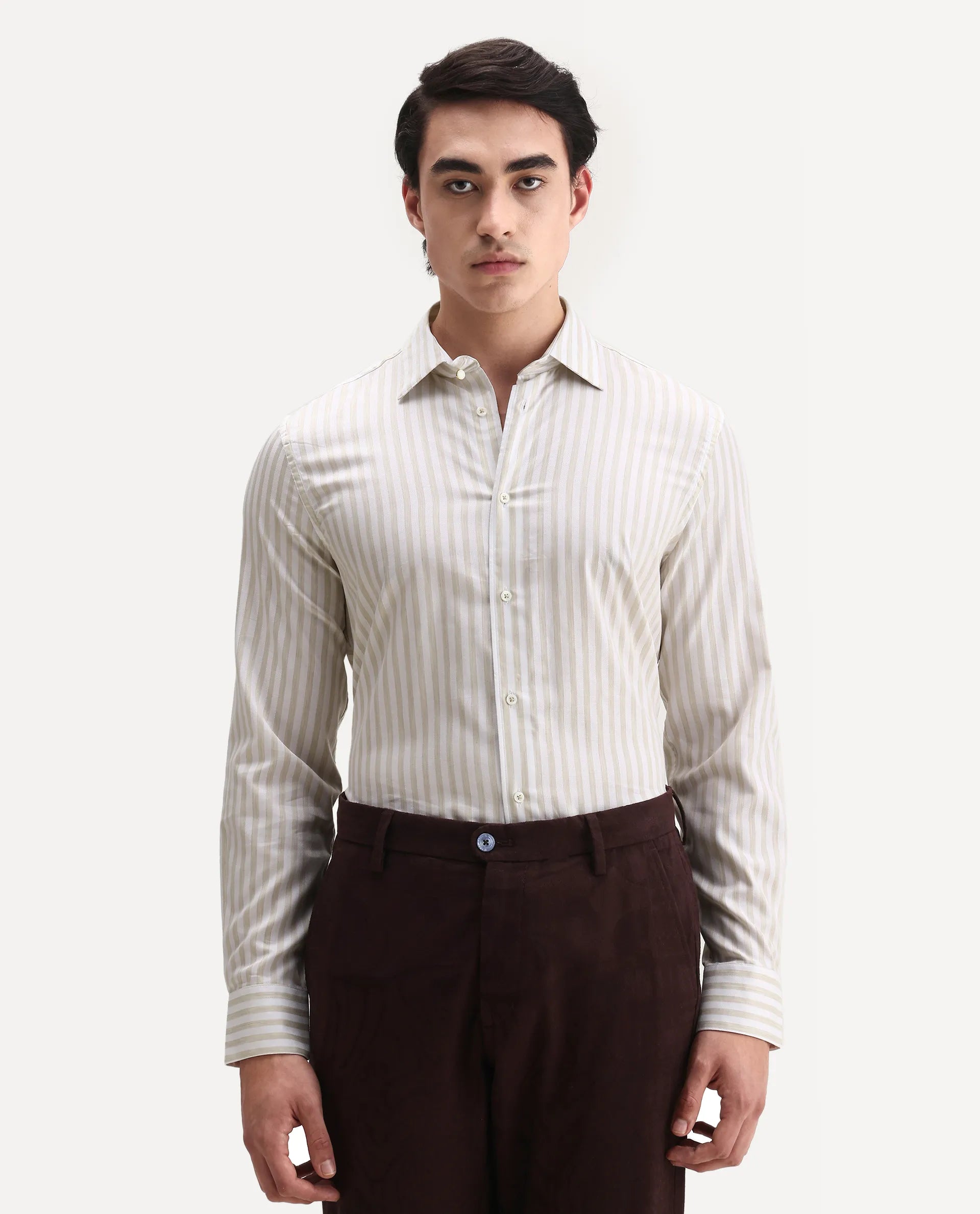 Rare Rabbit Men's Bari Beige Cotton Blend Striped Print Regular Fit Full Sleeve Collared Shirt