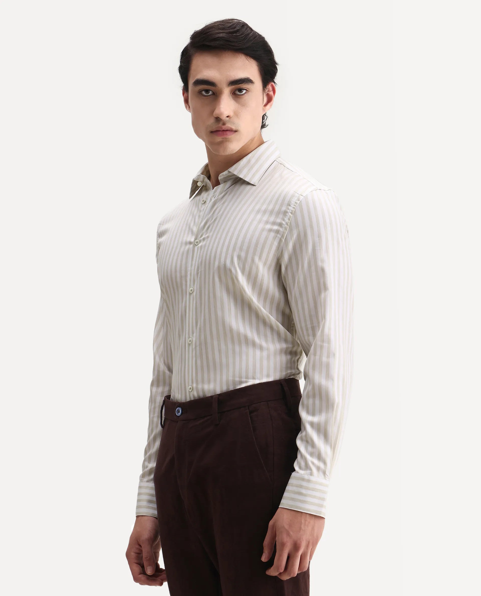 Rare Rabbit Men's Bari Beige Cotton Blend Striped Print Regular Fit Full Sleeve Collared Shirt