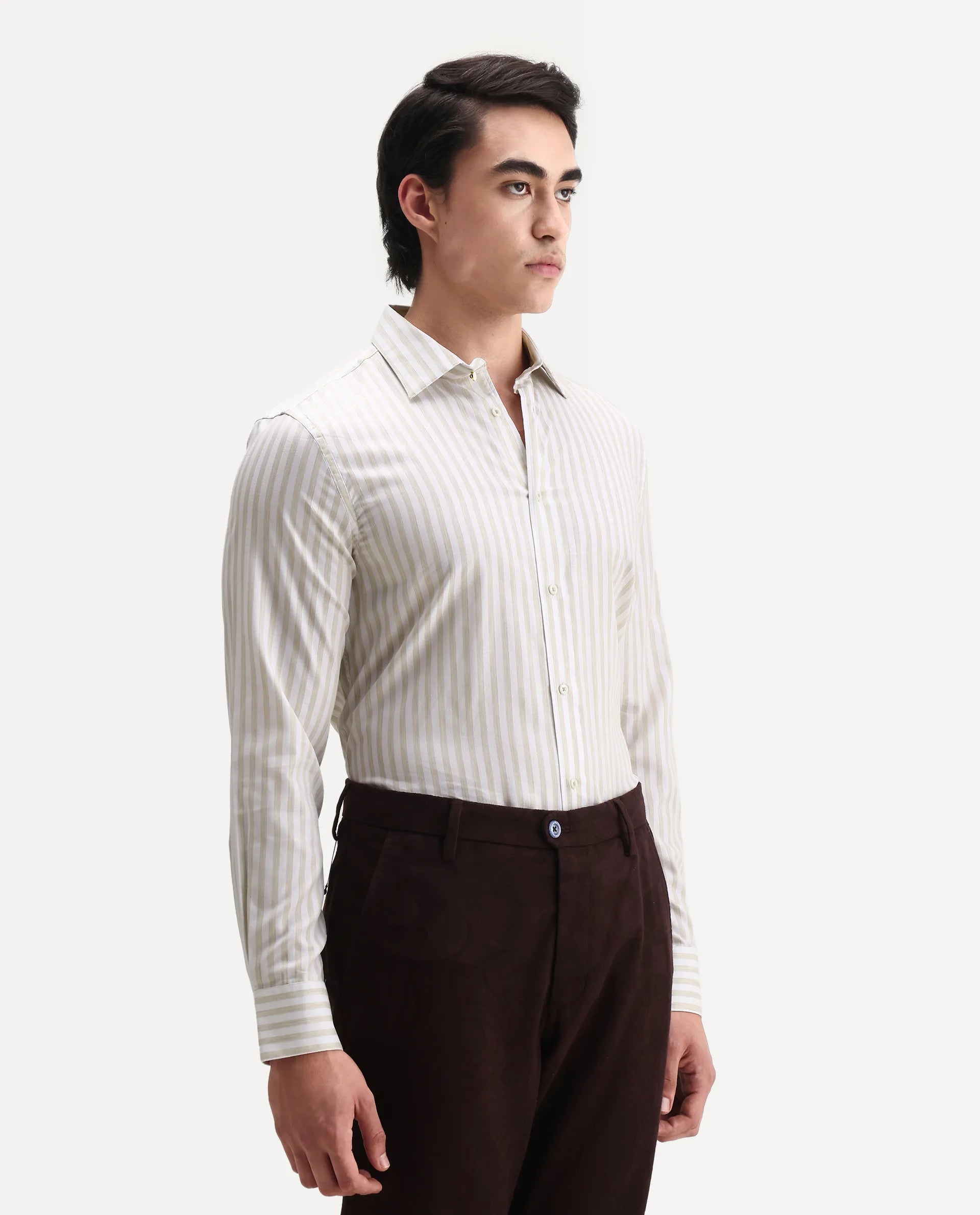 Rare Rabbit Men's Bari Beige Cotton Blend Striped Print Regular Fit Full Sleeve Collared Shirt