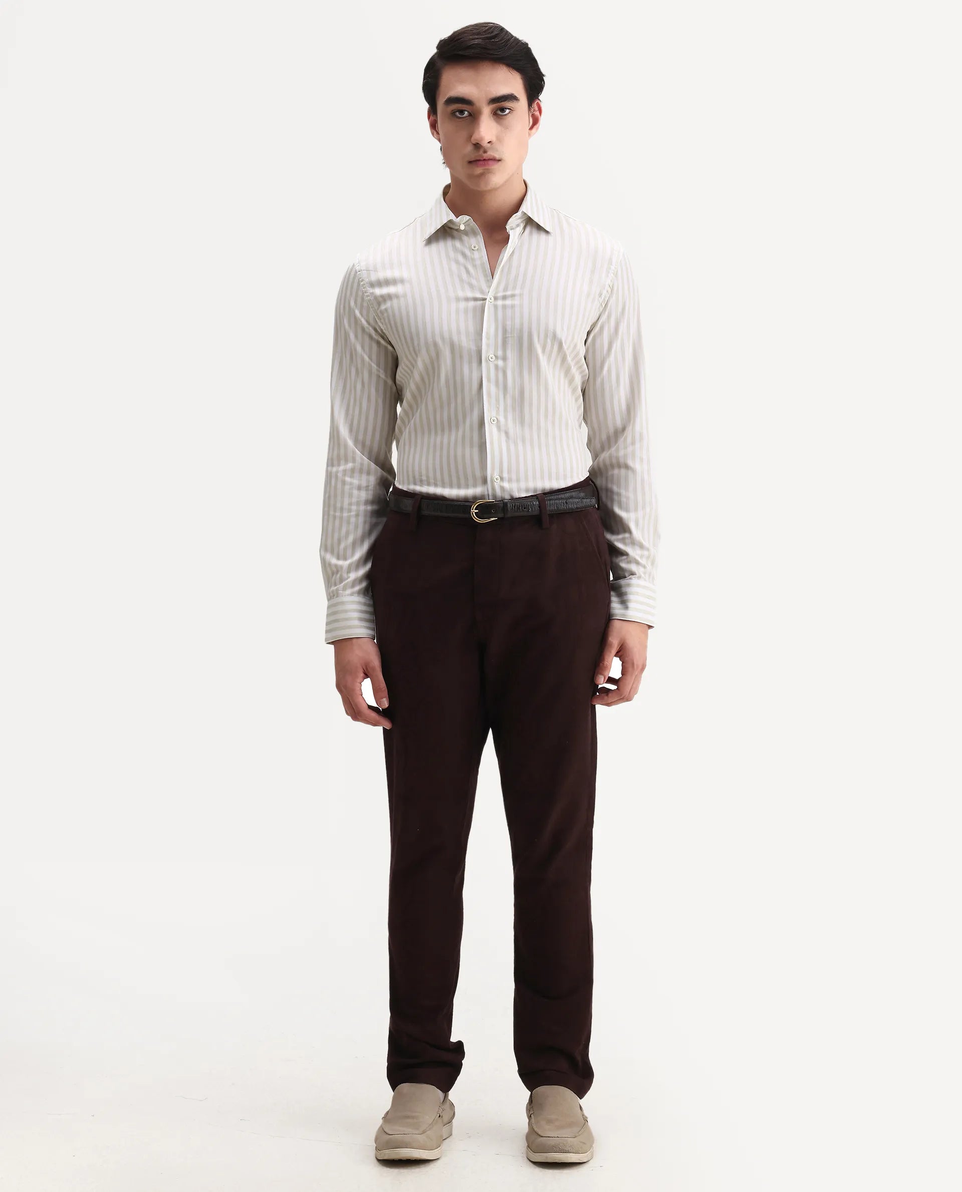 Rare Rabbit Men's Bari Beige Cotton Blend Striped Print Regular Fit Full Sleeve Collared Shirt