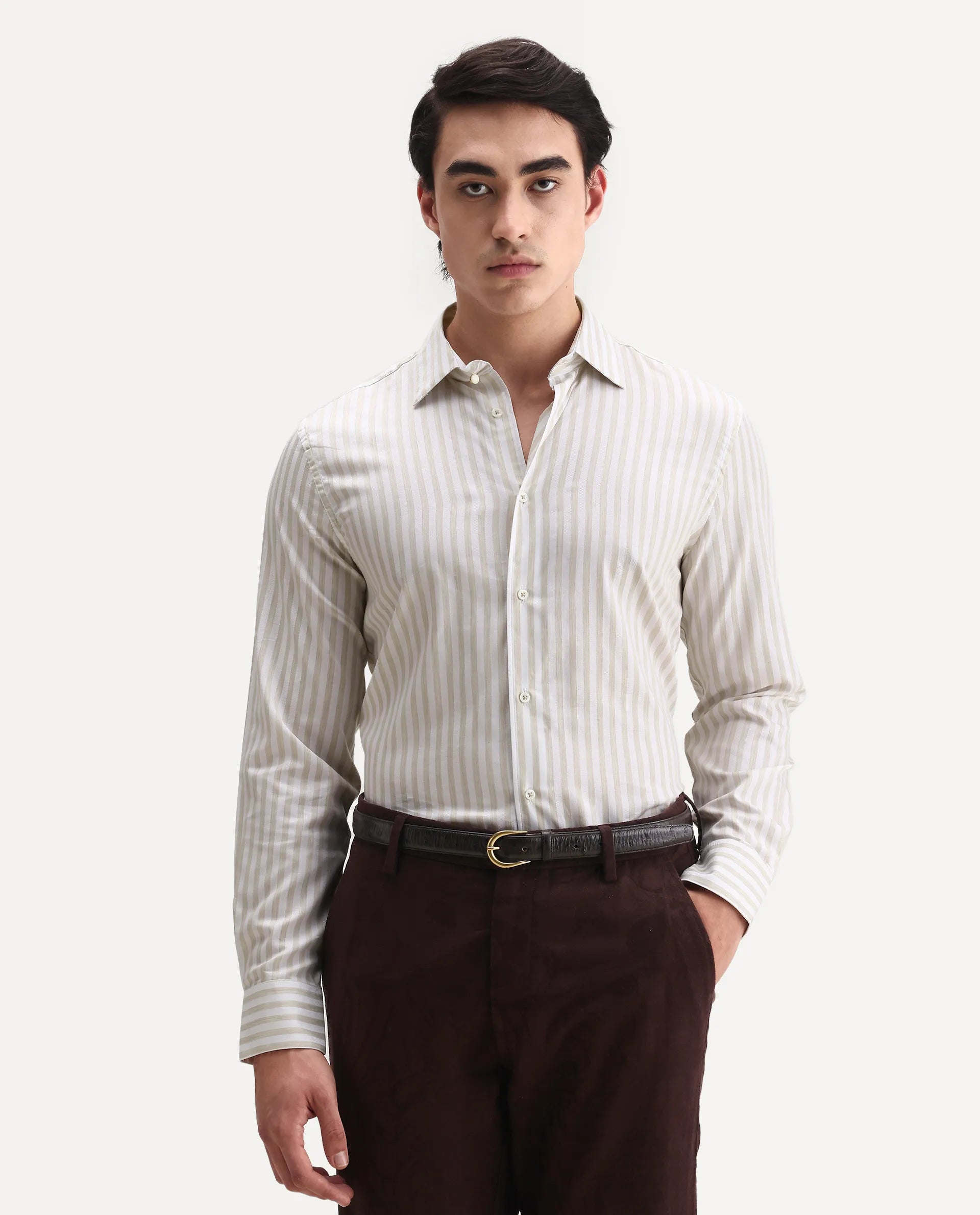 Rare Rabbit Men's Bari Beige Cotton Blend Striped Print Regular Fit Full Sleeve Collared Shirt