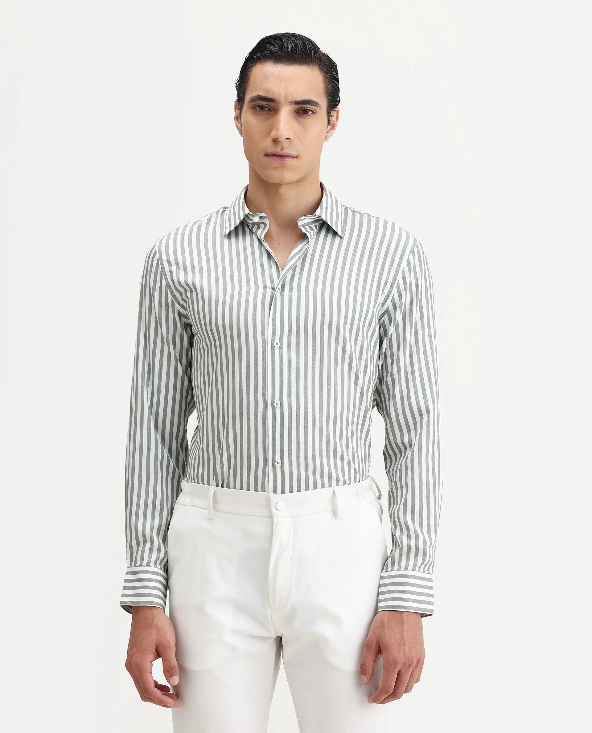 Rare Rabbit Men's Bari Dusky Green Cotton Blend Striped Print Regular Fit Full Sleeve Collared Shirt