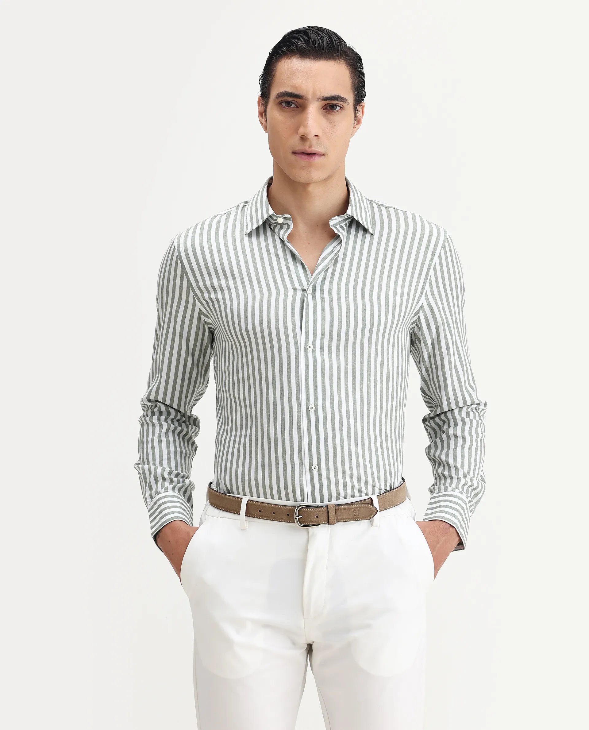 Rare Rabbit Men's Bari Dusky Green Cotton Blend Striped Print Regular Fit Full Sleeve Collared Shirt