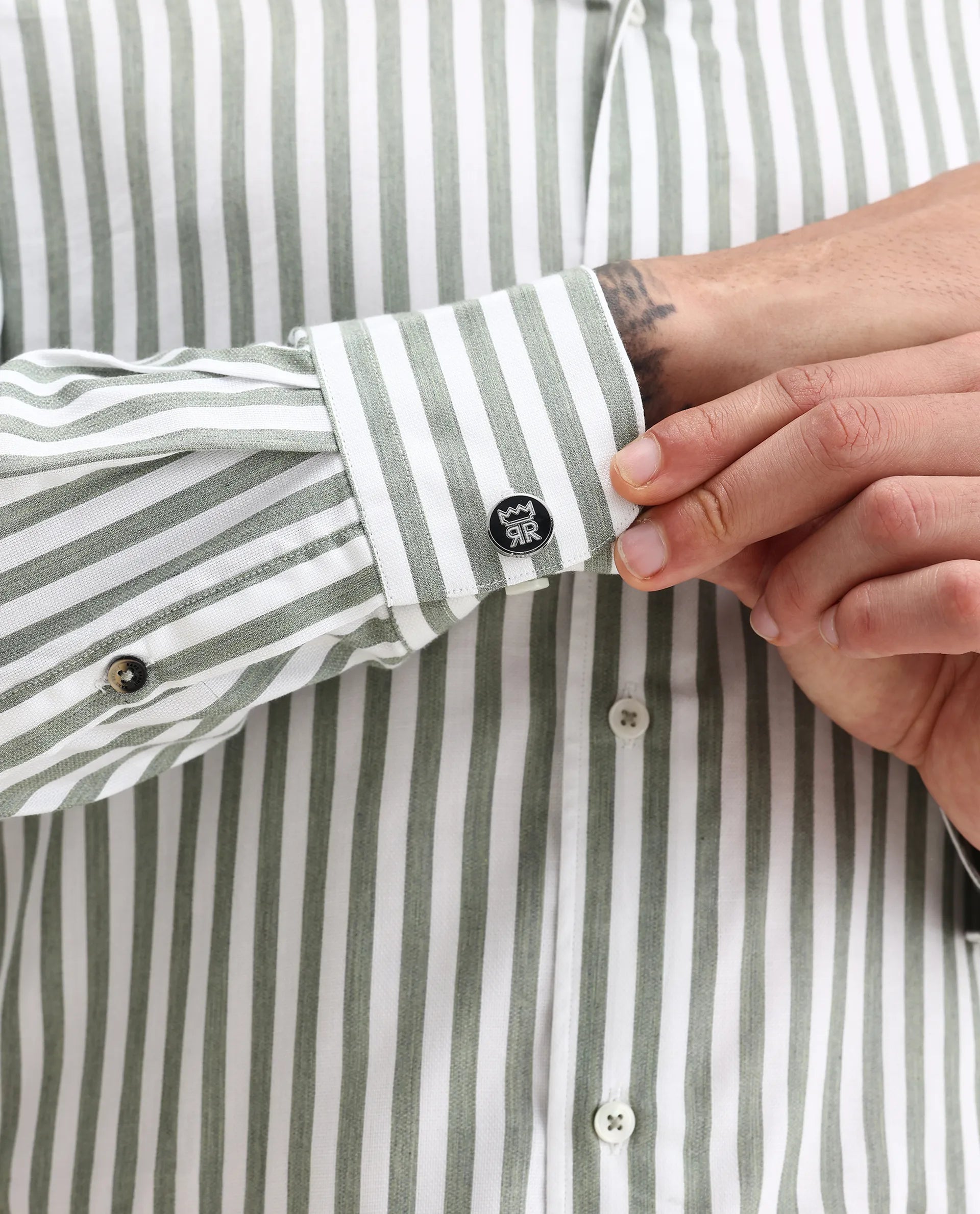 Rare Rabbit Men's Bari Dusky Green Cotton Blend Striped Print Regular Fit Full Sleeve Collared Shirt