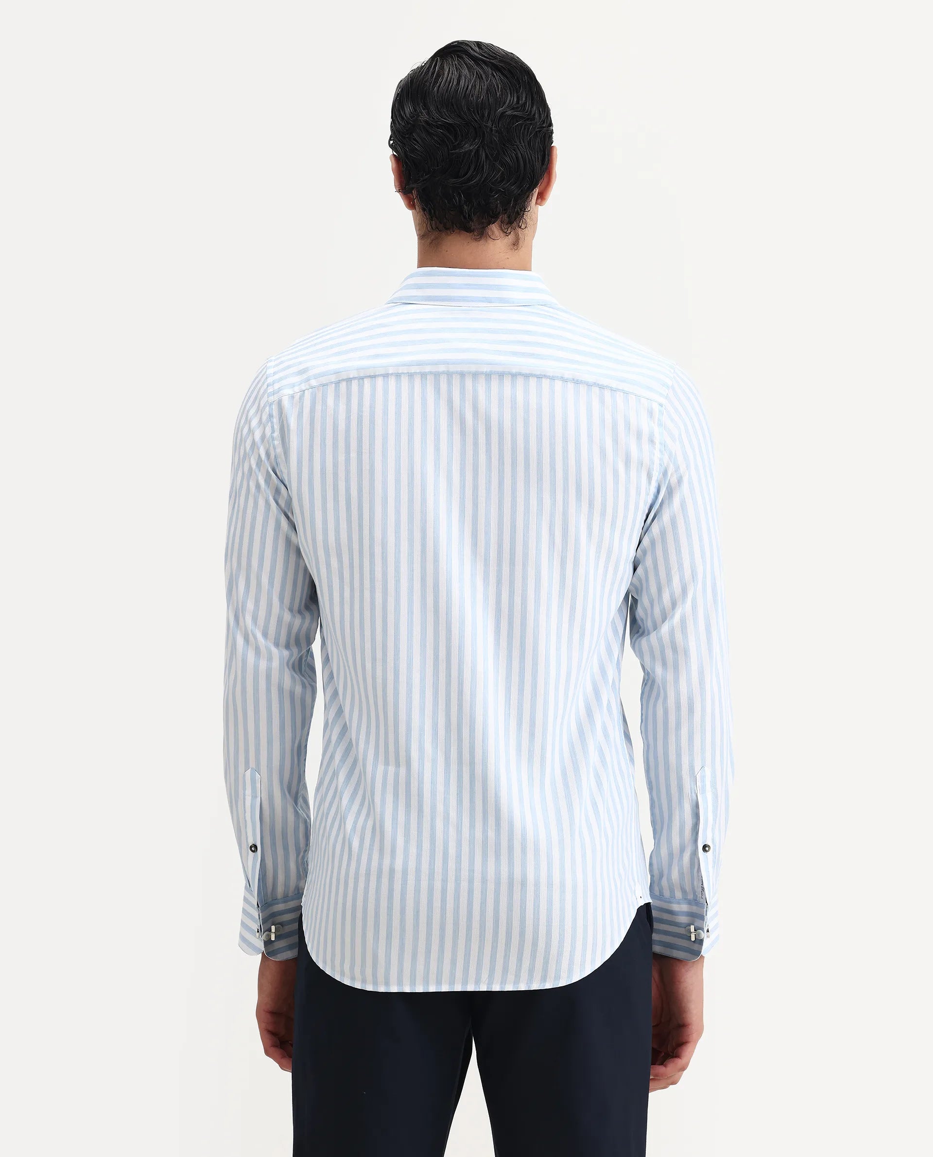 Rare Rabbit Men's Bari Light Blue Cotton Blend Striped Print Regular Fit Full Sleeve Collared Shirt