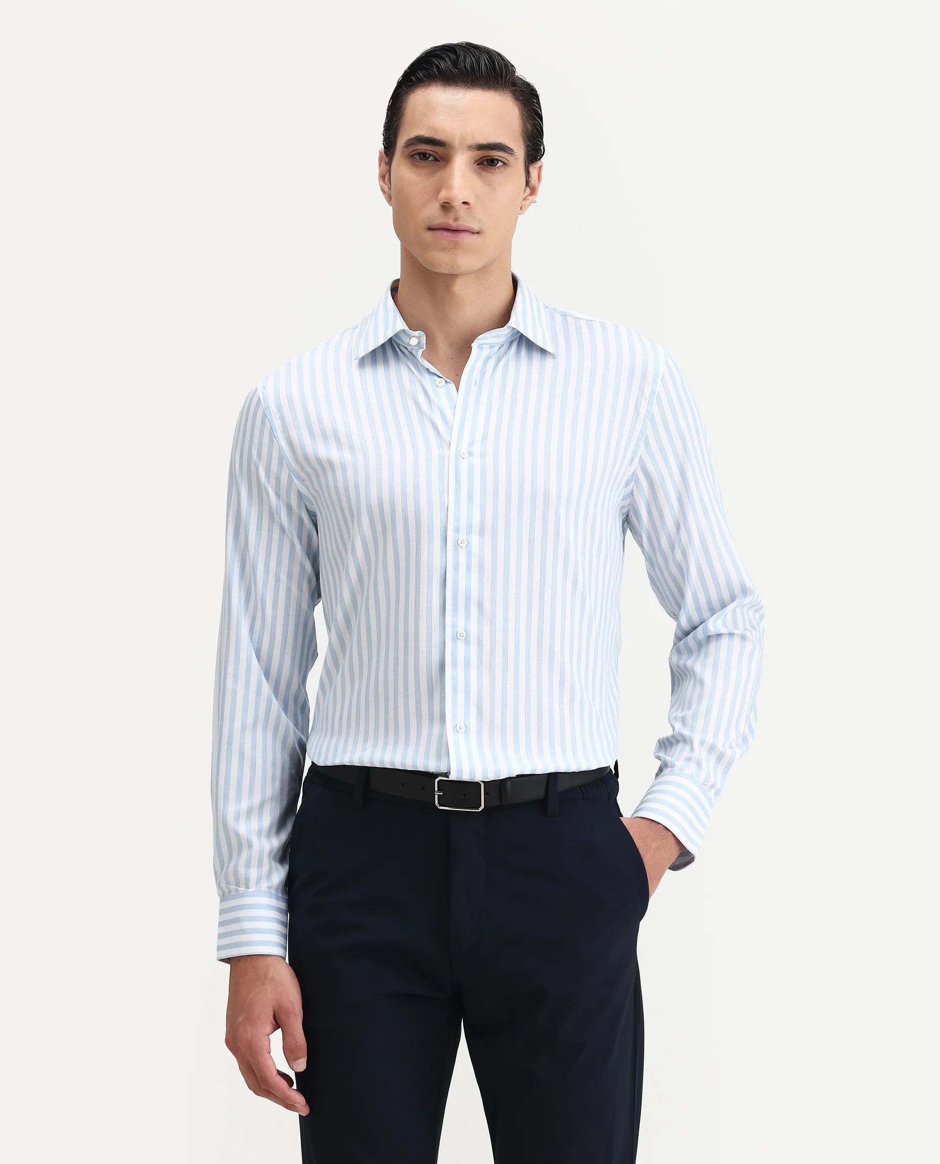 Rare Rabbit Men's Bari Light Blue Cotton Blend Striped Print Regular Fit Full Sleeve Collared Shirt