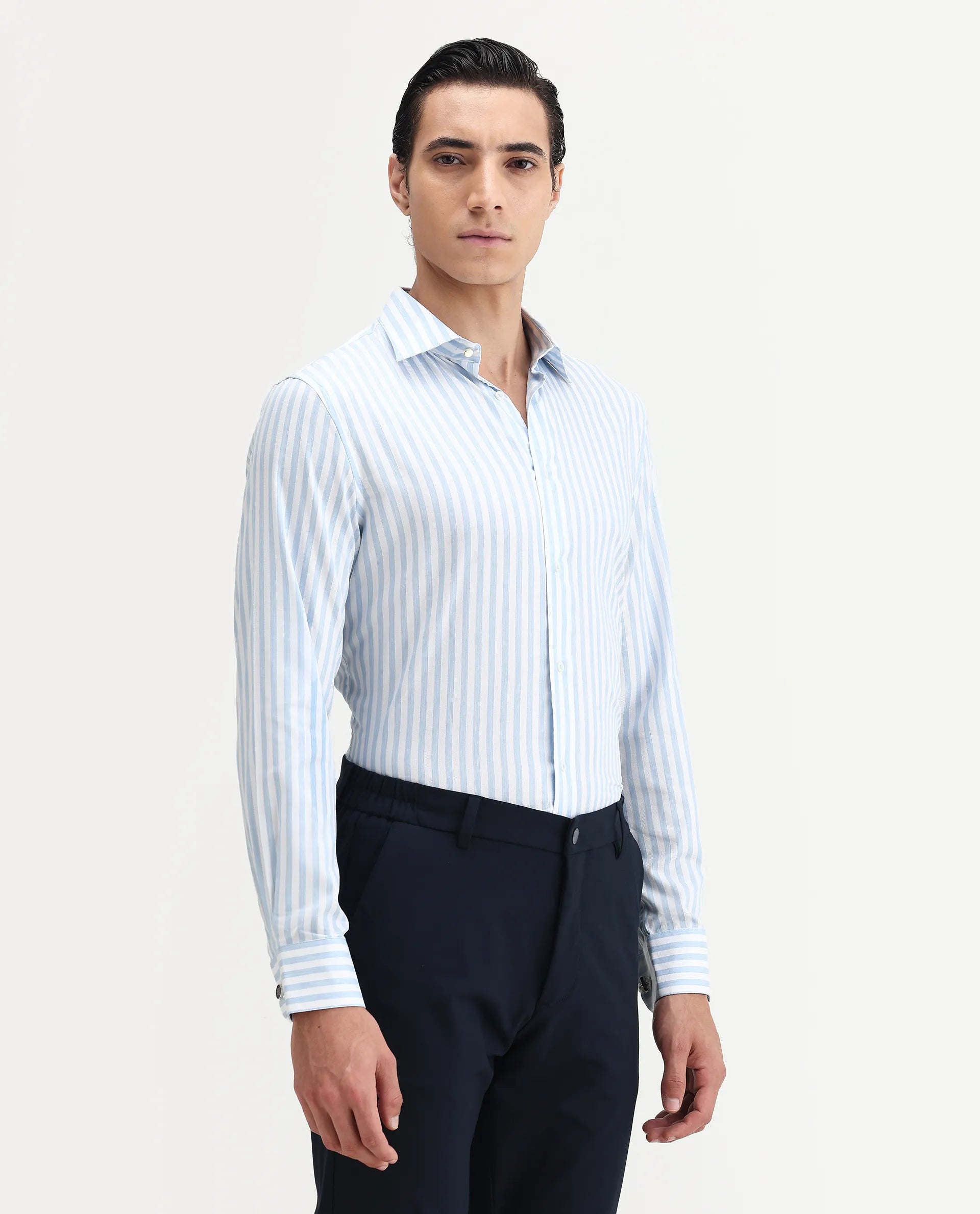 Rare Rabbit Men's Bari Light Blue Cotton Blend Striped Print Regular Fit Full Sleeve Collared Shirt