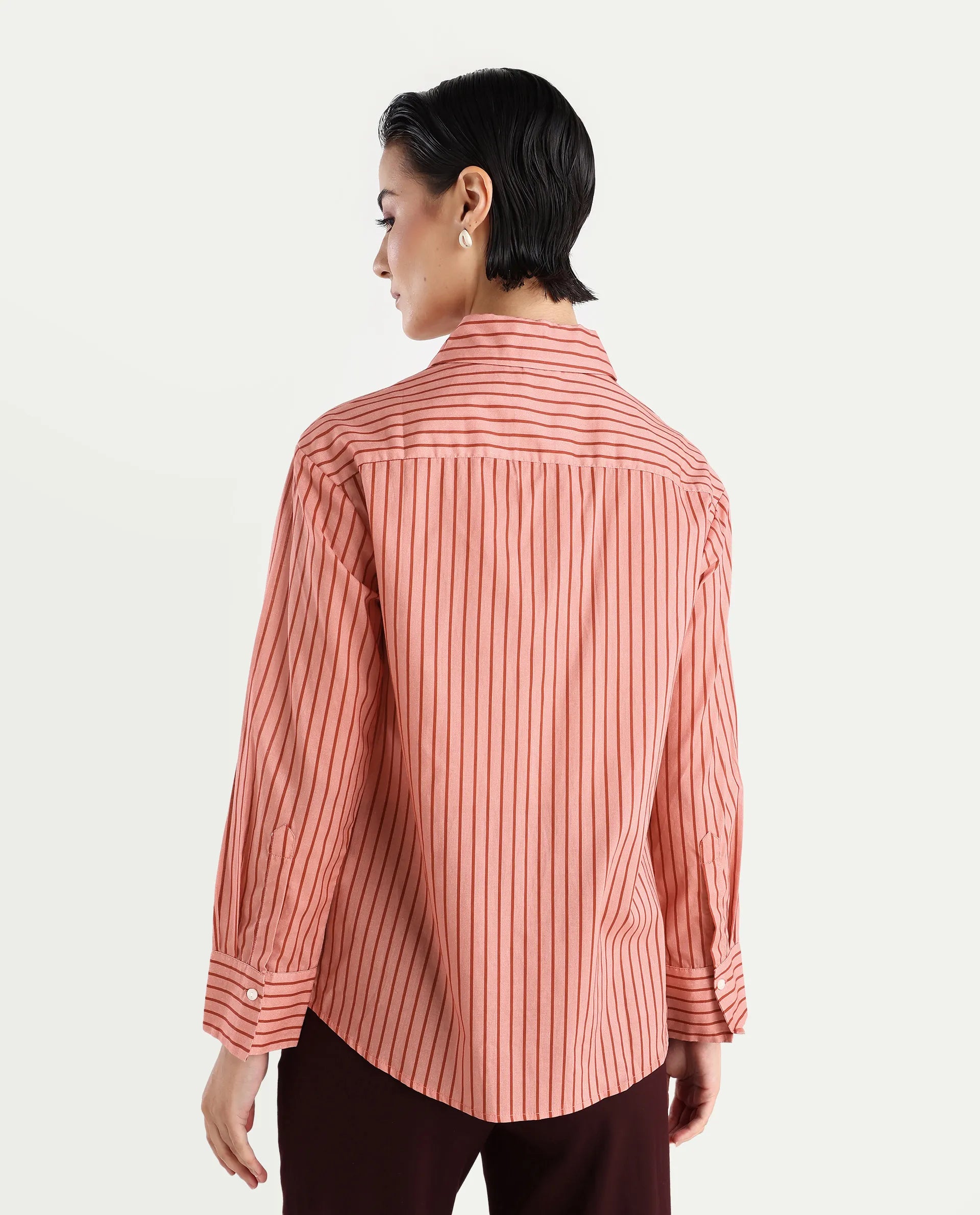 Rareism Women's Barletta Pastel Pink Cotton Drop Collar Striped Cuffed Sleeve Regular Fit Shirt