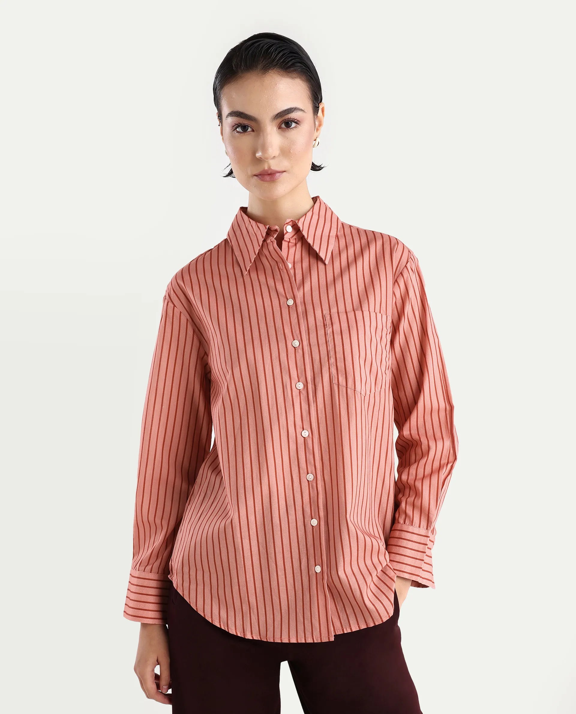 Rareism Women's Barletta Pastel Pink Cotton Drop Collar Striped Cuffed Sleeve Regular Fit Shirt