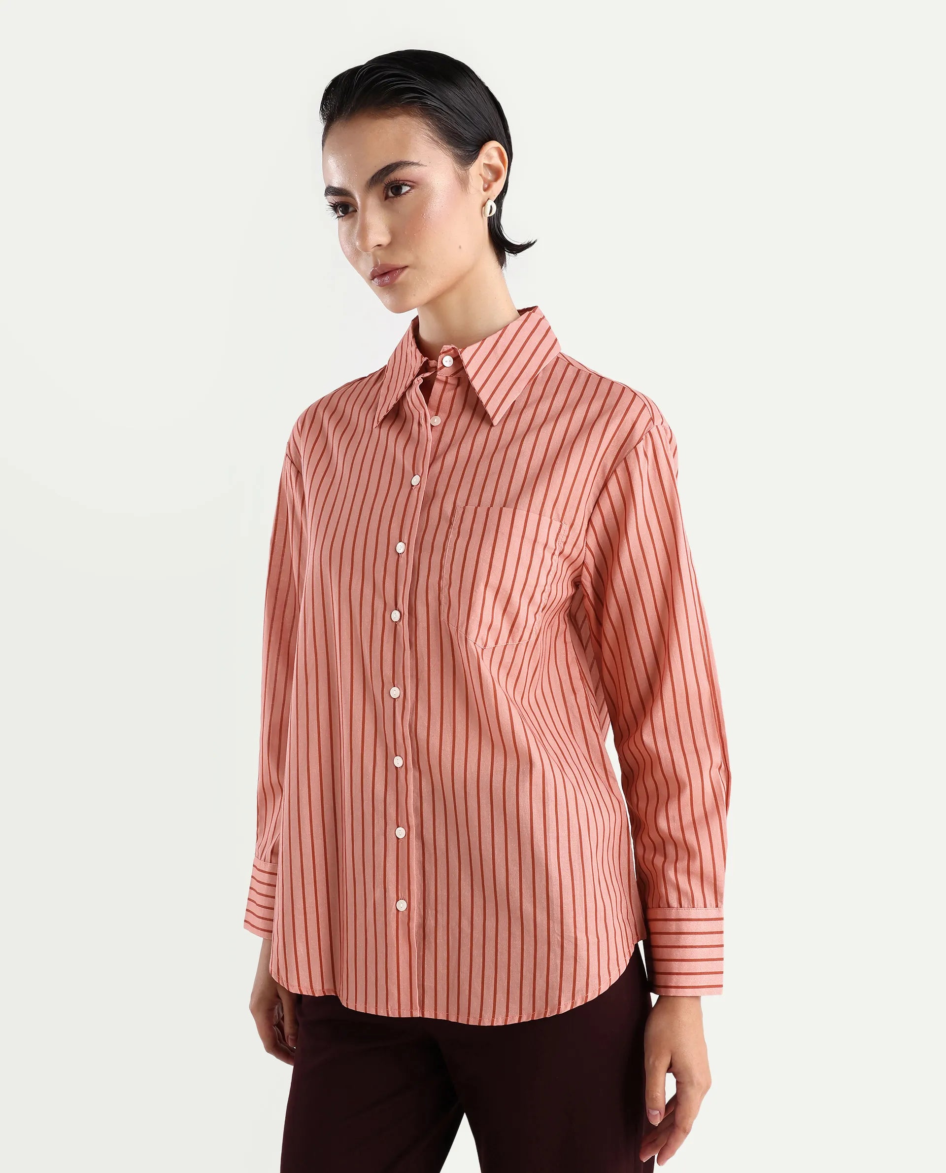 Rareism Women's Barletta Pastel Pink Cotton Drop Collar Striped Cuffed Sleeve Regular Fit Shirt