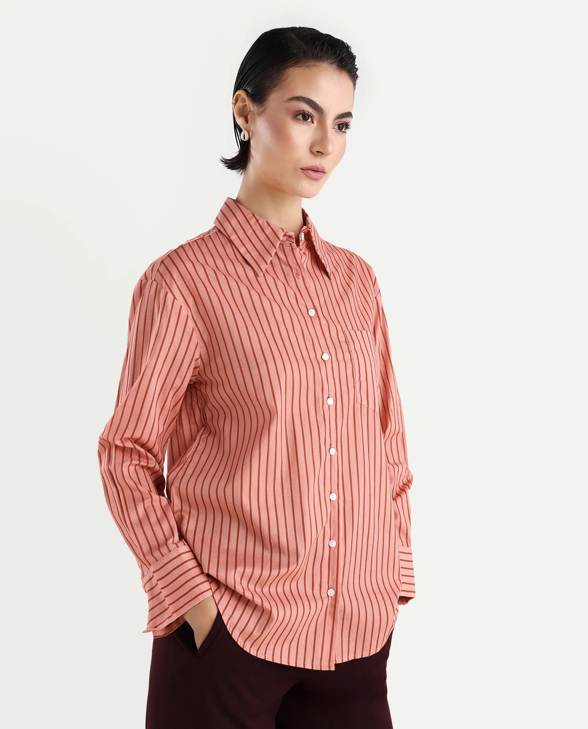 Rareism Women's Barletta Pastel Pink Cotton Drop Collar Striped Cuffed Sleeve Regular Fit Shirt