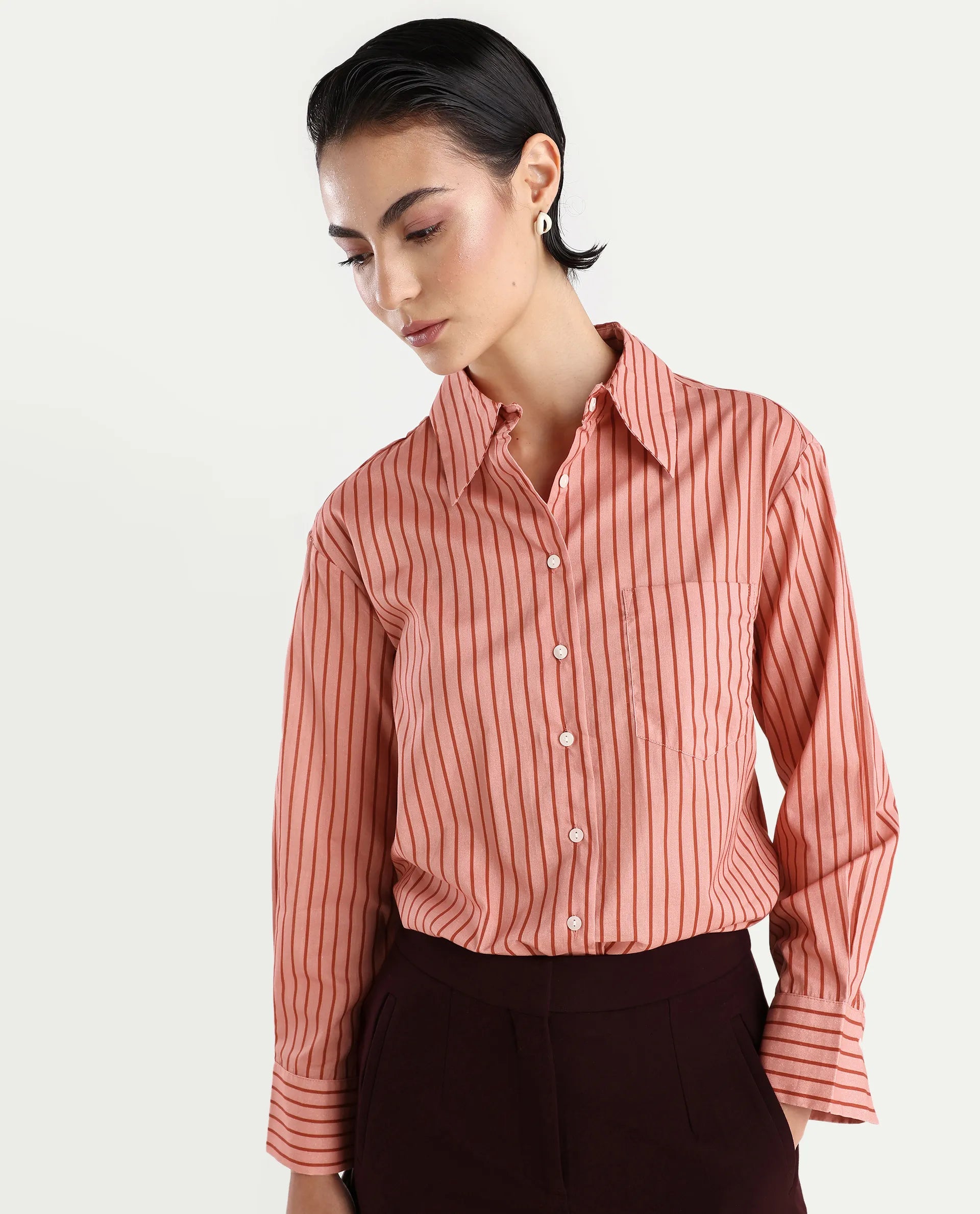 Rareism Women's Barletta Pastel Pink Cotton Drop Collar Striped Cuffed Sleeve Regular Fit Shirt