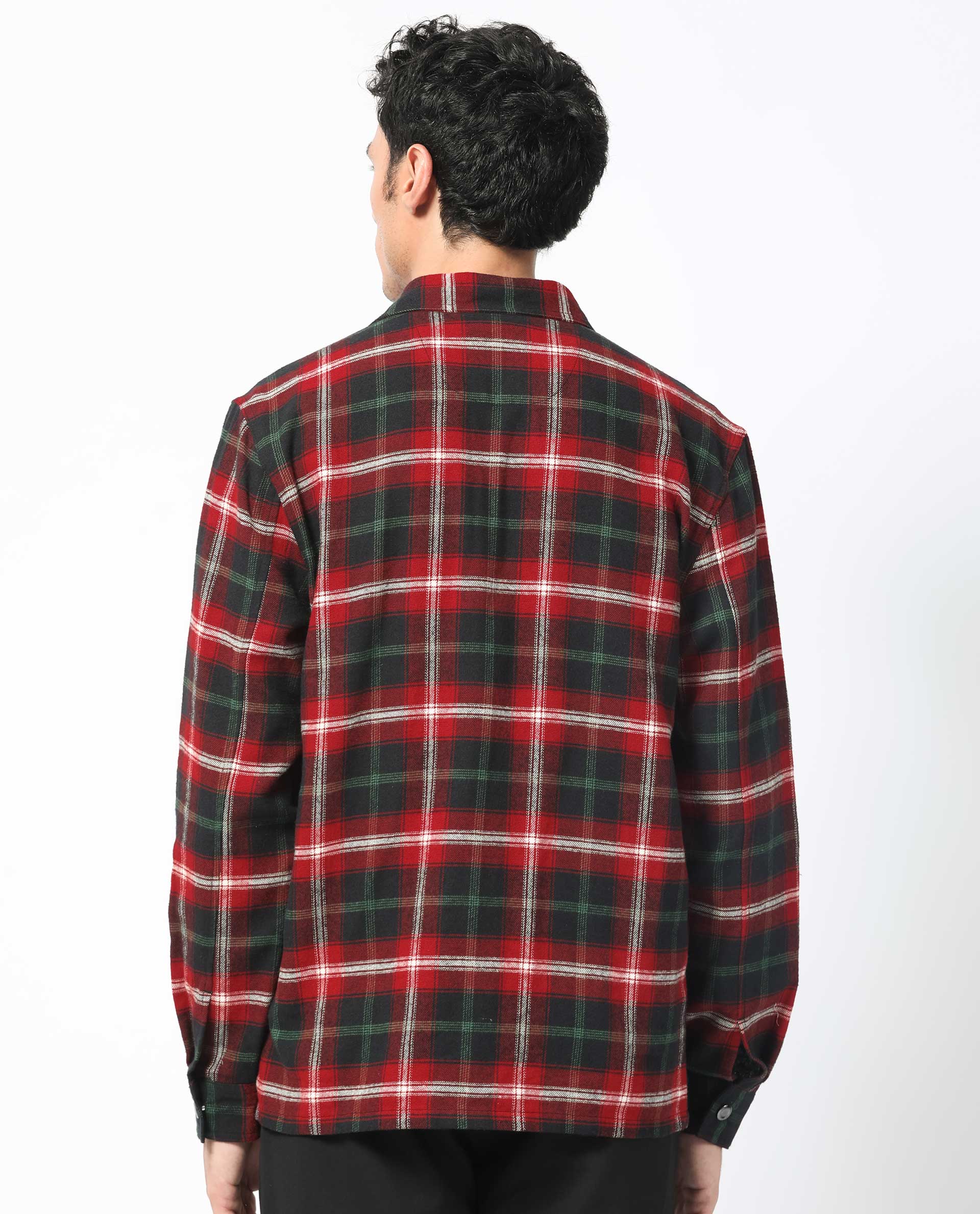 Rare Rabbit Men's Bardot Dark Red Cotton Fabric Full Sleeve Button Closure Twill Checks Shacket