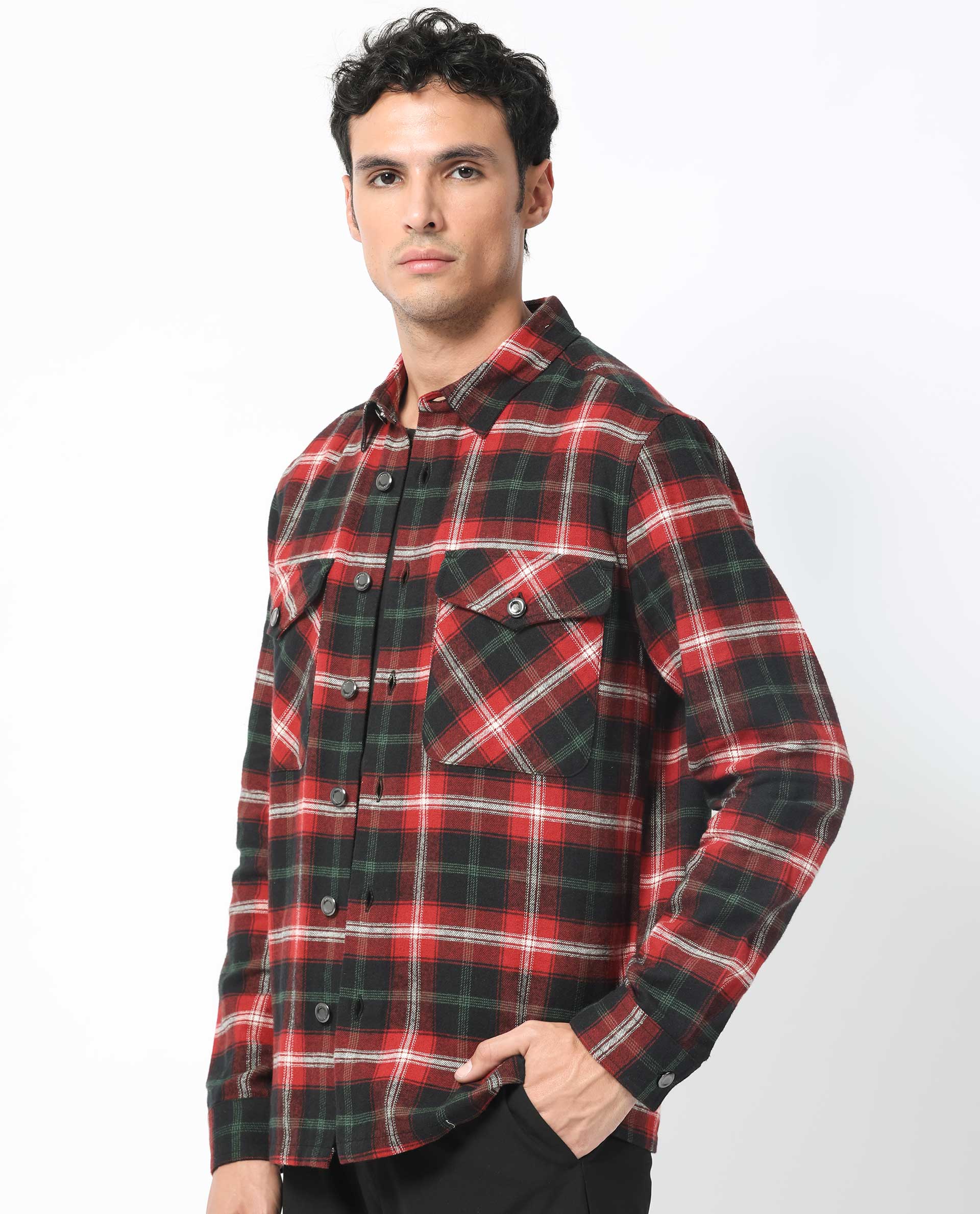 Rare Rabbit Men's Bardot Dark Red Cotton Fabric Full Sleeve Button Closure Twill Checks Shacket