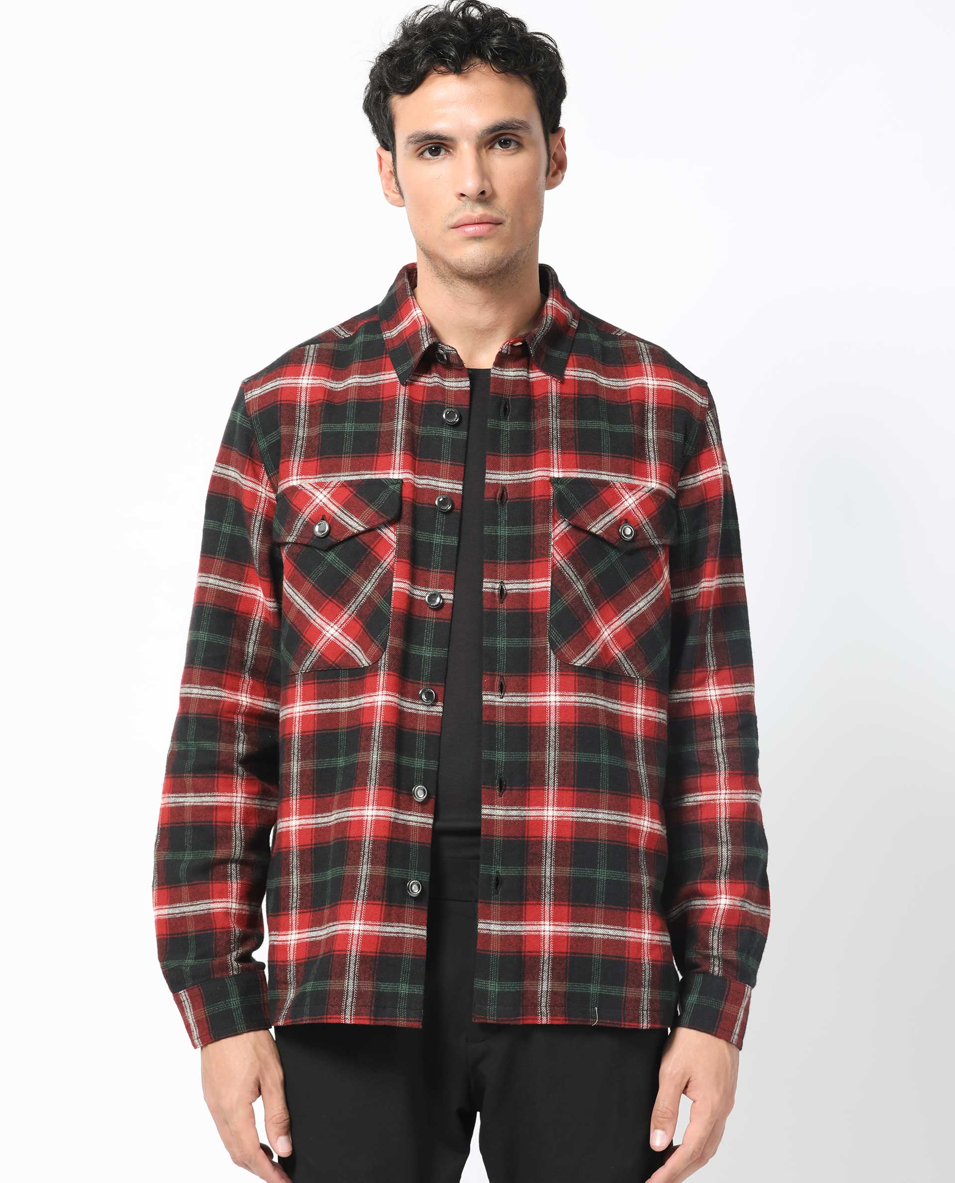 Rare Rabbit Men's Bardot Dark Red Cotton Fabric Full Sleeve Button Closure Twill Checks Shacket
