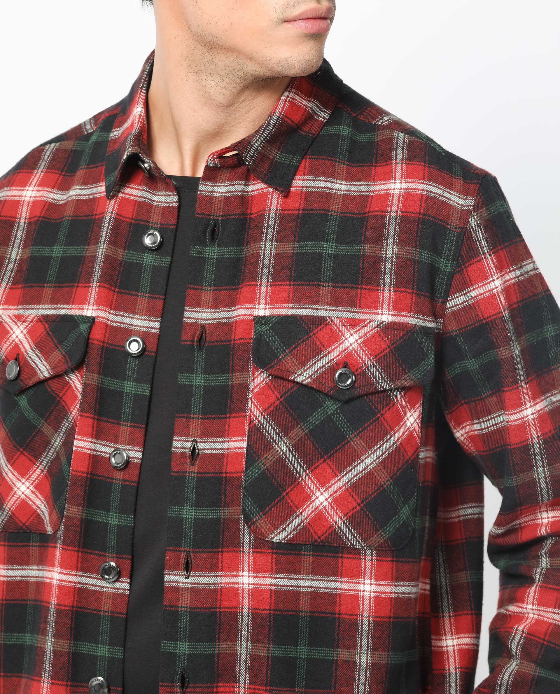 Rare Rabbit Men's Bardot Dark Red Cotton Fabric Full Sleeve Button Closure Twill Checks Shacket