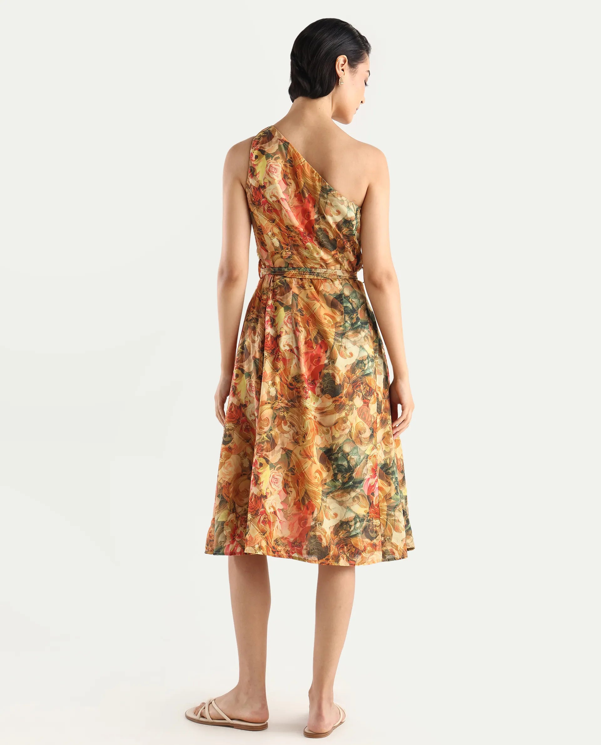 Rareism Women's Barney Multi Cotton One Shoulder Abstract Print One Shoulder Midi Fit And Flare Dress