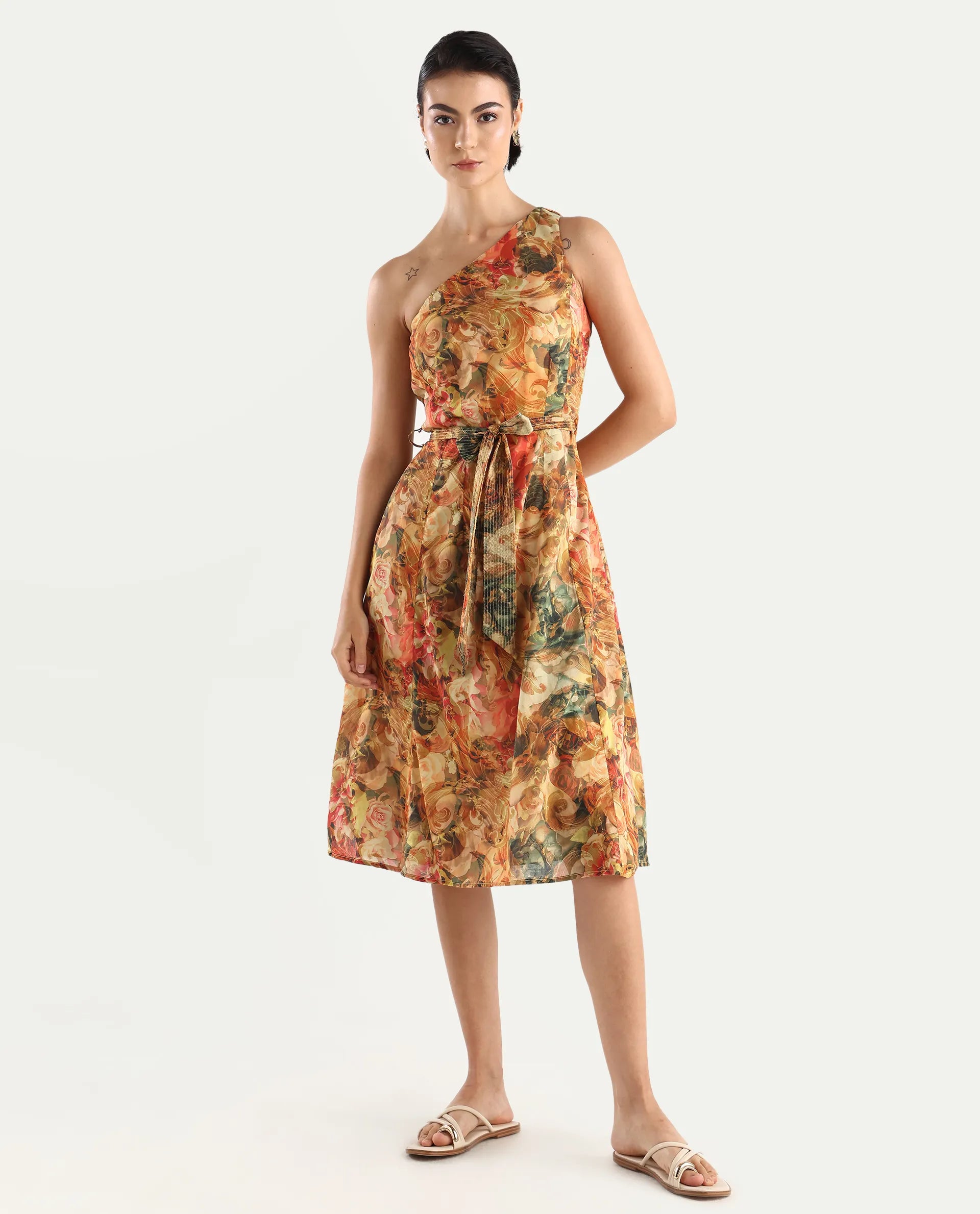 Rareism Women's Barney Multi Cotton One Shoulder Abstract Print One Shoulder Midi Fit And Flare Dress