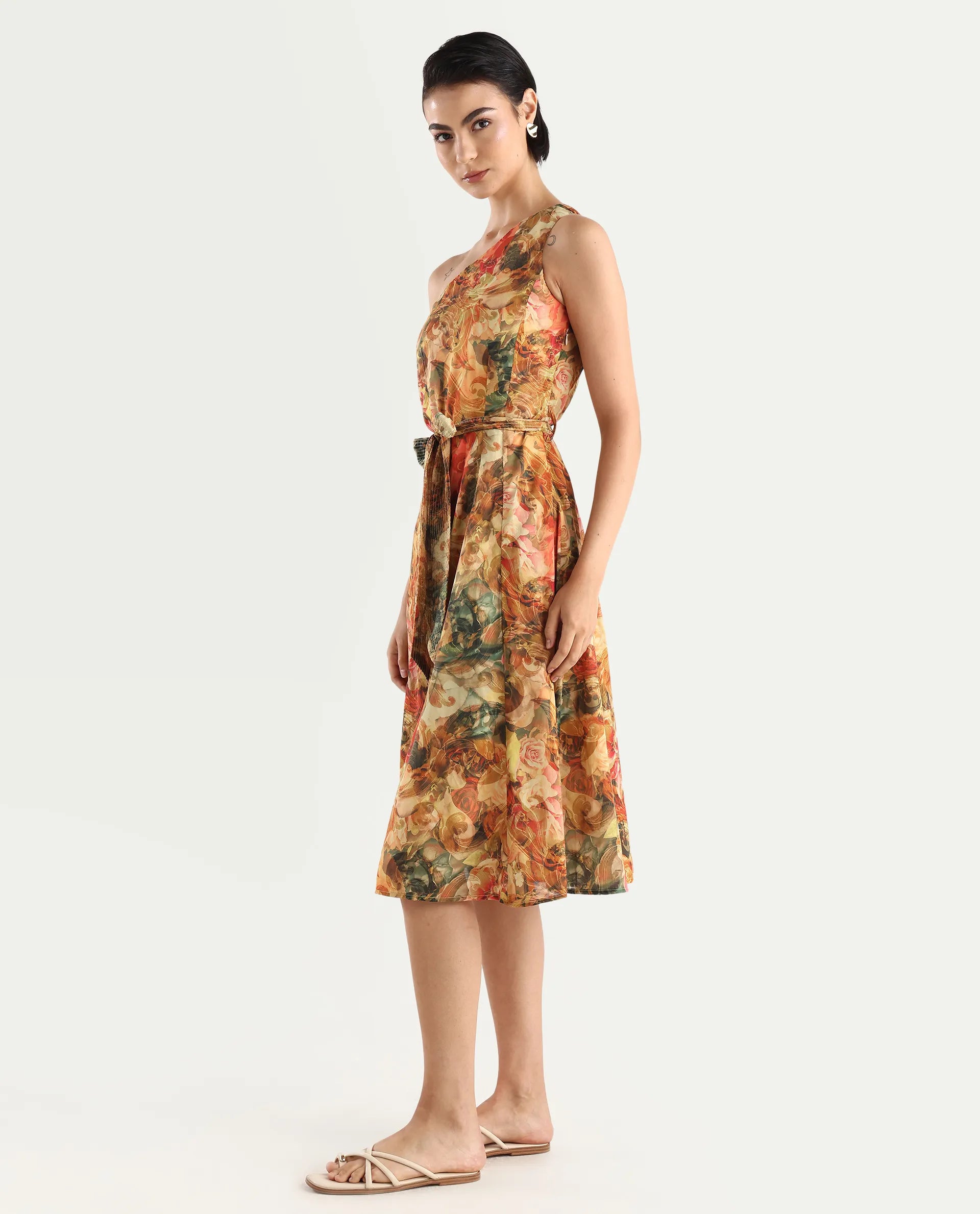 Rareism Women's Barney Multi Cotton One Shoulder Abstract Print One Shoulder Midi Fit And Flare Dress