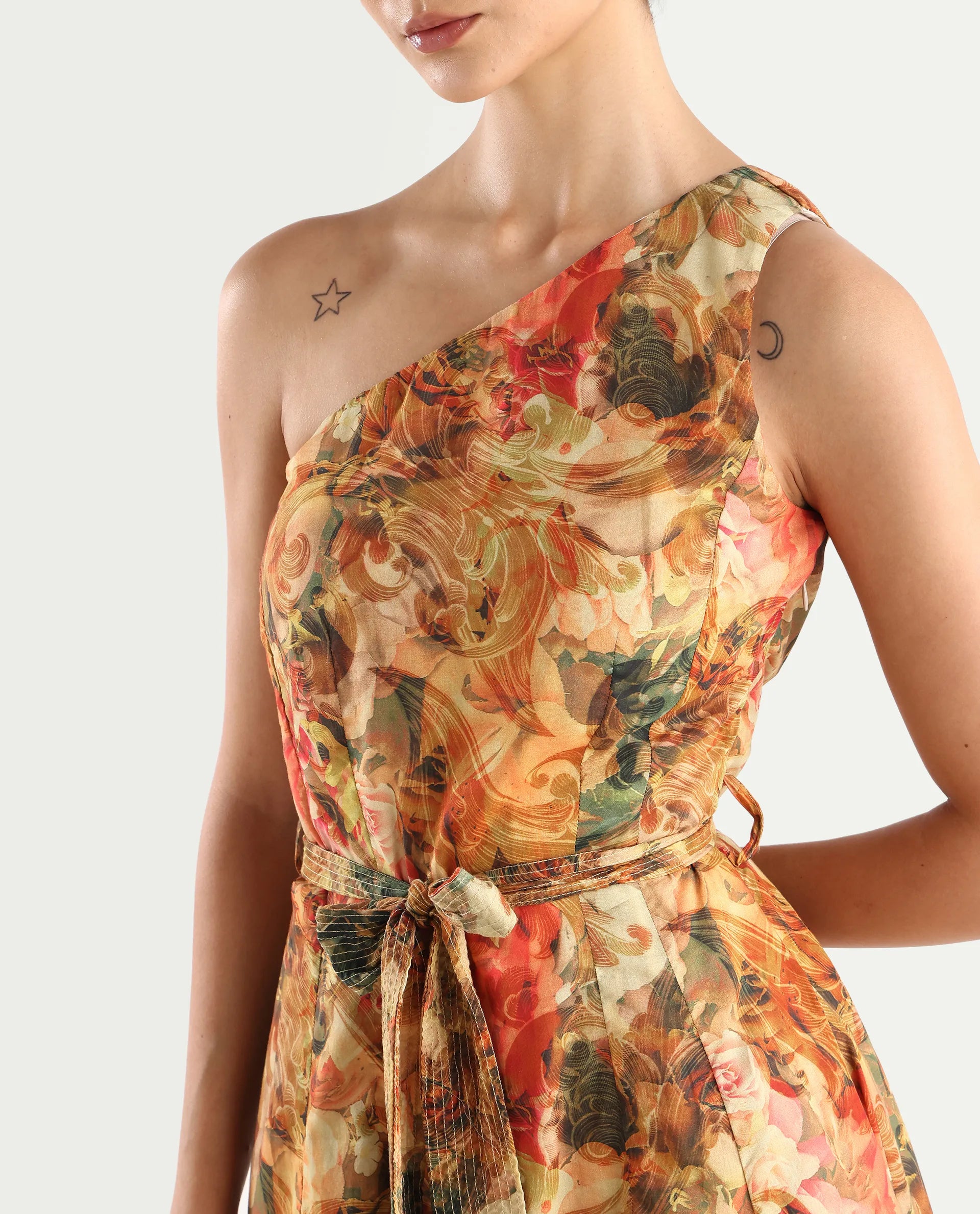 Rareism Women's Barney Multi Cotton One Shoulder Abstract Print One Shoulder Midi Fit And Flare Dress