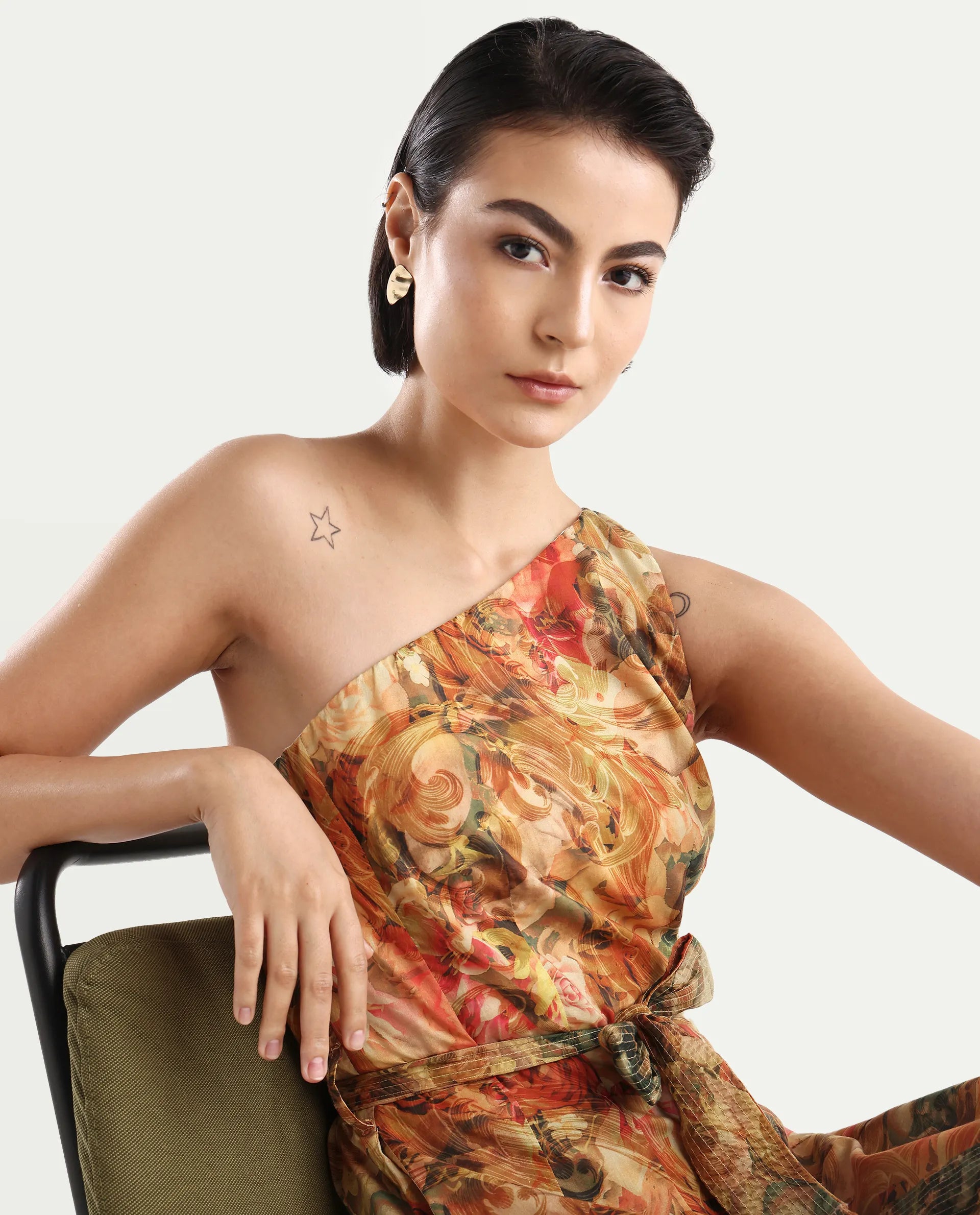 Rareism Women's Barney Multi Cotton One Shoulder Abstract Print One Shoulder Midi Fit And Flare Dress