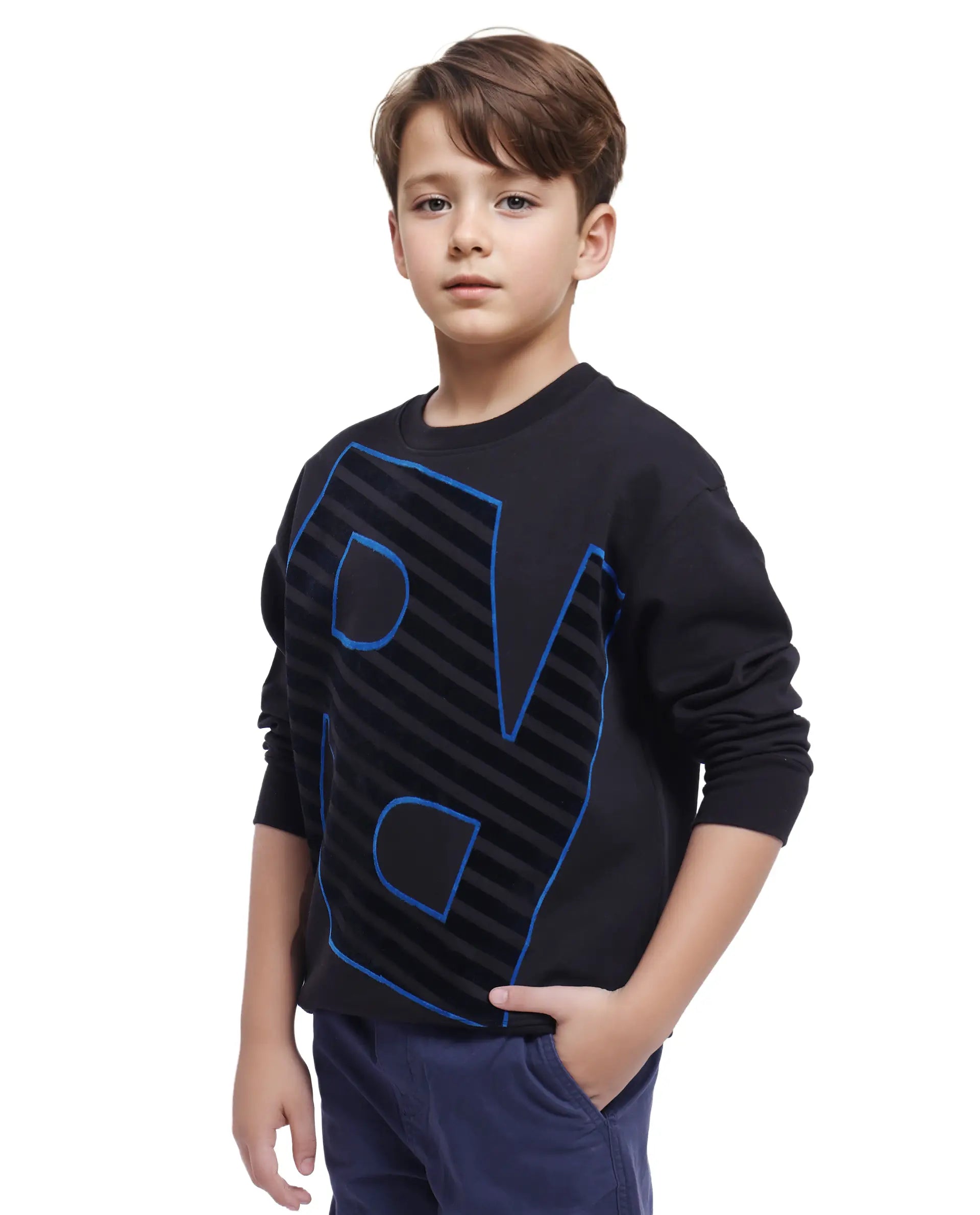 Rare Ones Kids Baros Black Cotton Full Sleeve Crew Neck Flock Print Sweatshirt