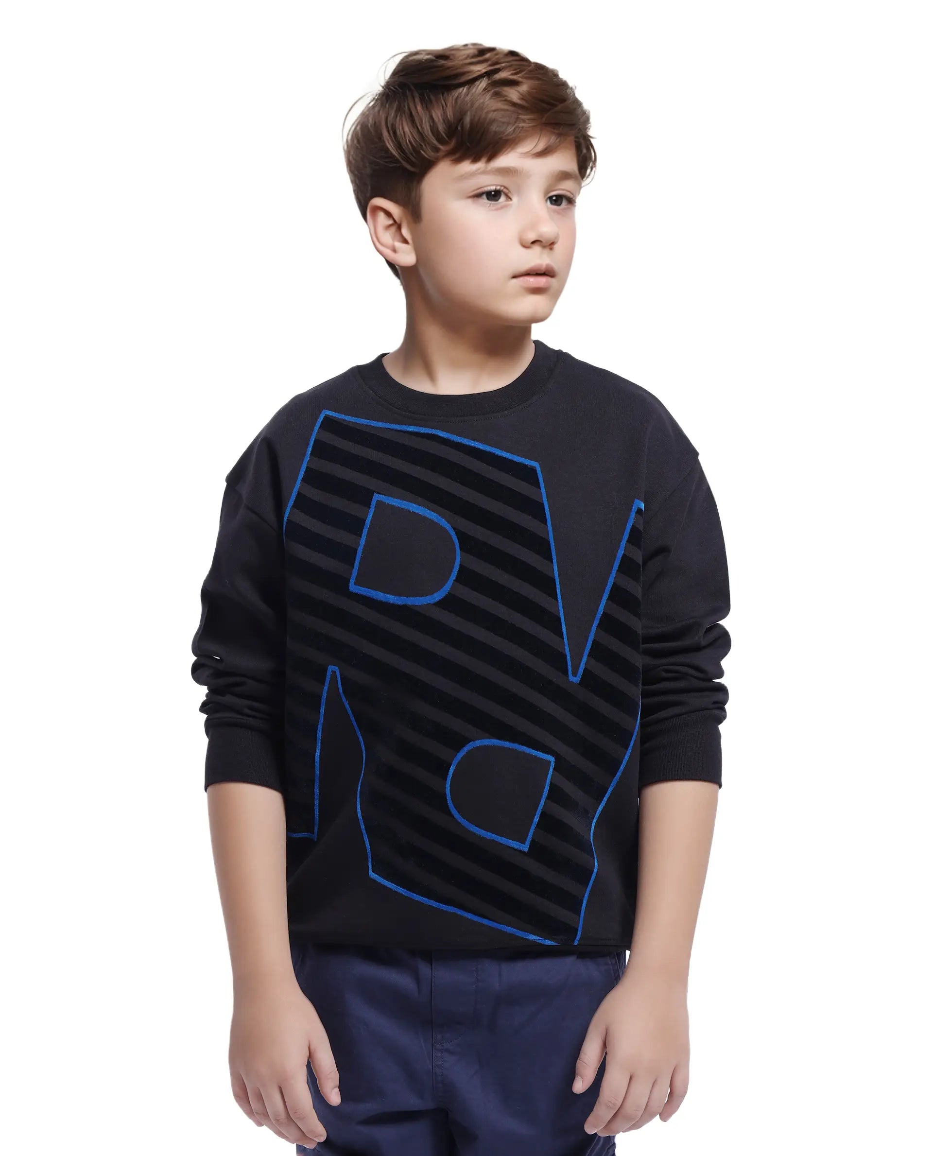 Rare Ones Kids Baros Black Cotton Full Sleeve Crew Neck Flock Print Sweatshirt